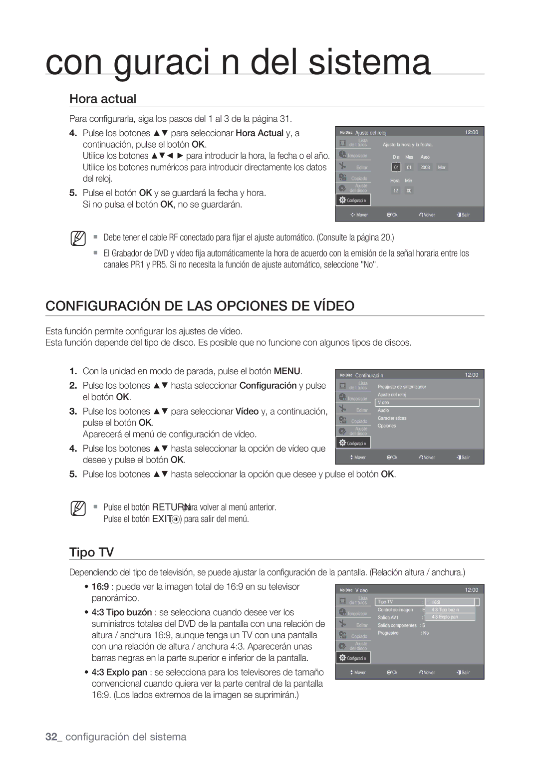 Samsung DVD-VR370/EDC, DVD-VR370/XEC manual Configuración DE LAS Opciones DE Vídeo, Hora actual, Tipo TV 