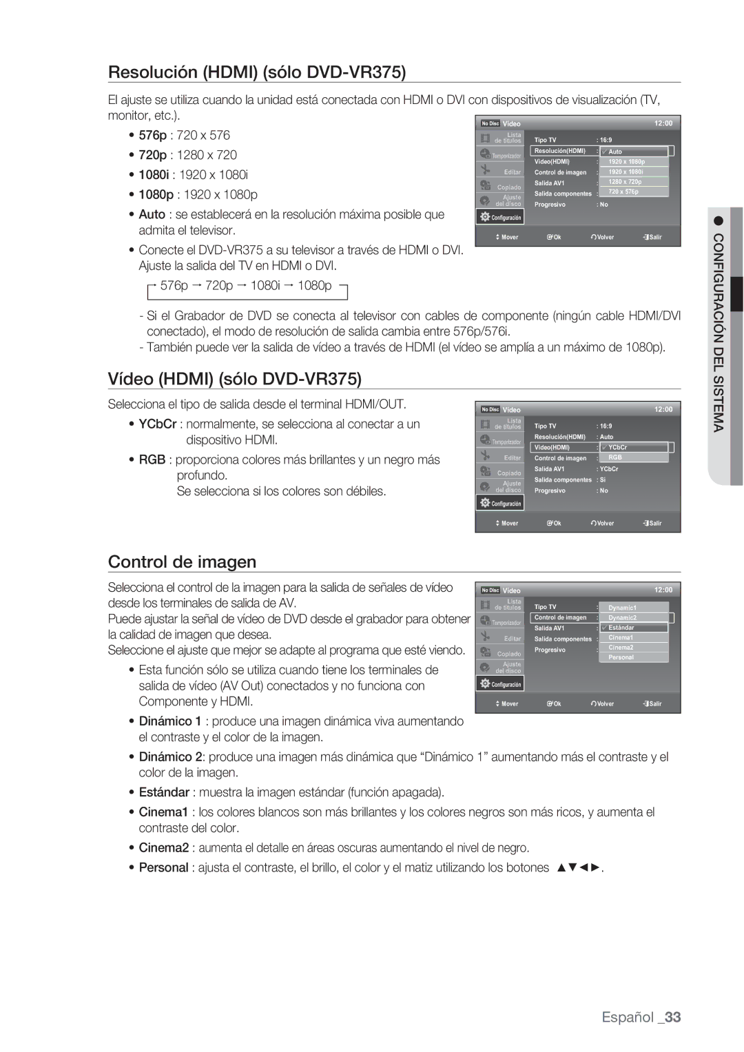 Samsung DVD-VR370/XEC, DVD-VR370/EDC manual Resolución Hdmi sólo DVD-VR375, Vídeo Hdmi sólo DVD-VR375, Control de imagen 