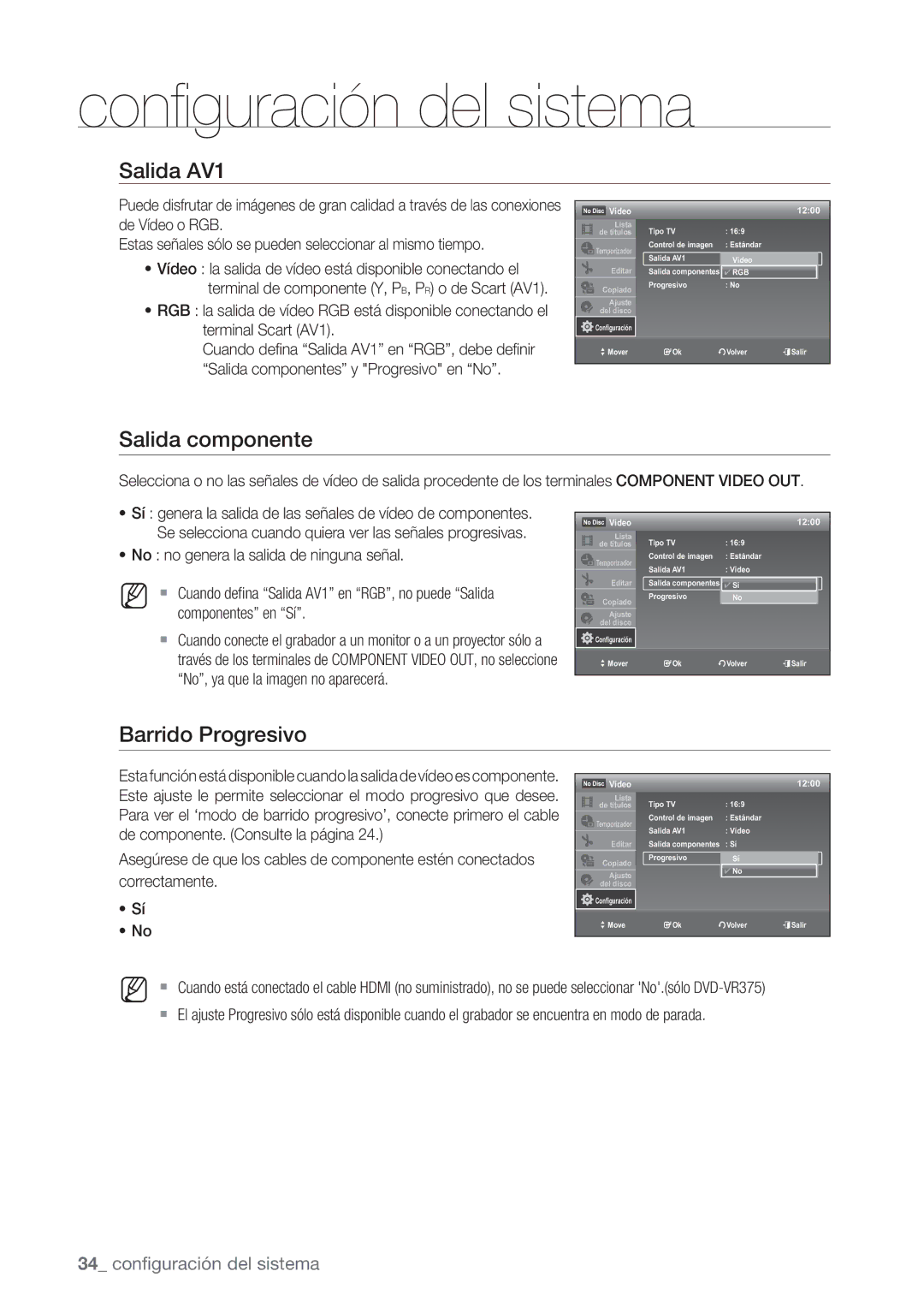 Samsung DVD-VR370/EDC, DVD-VR370/XEC manual Salida AV1, Salida componente, Barrido Progresivo 
