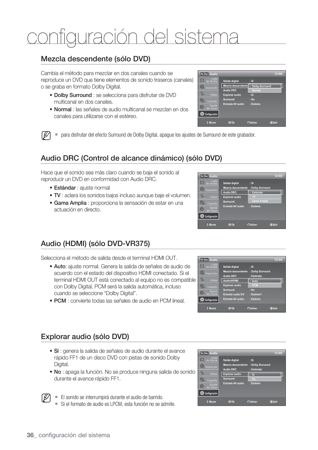 Samsung DVD-VR370/EDC Mezcla descendente sólo DVD, Audio DRC Control de alcance dinámico sólo DVD, Explorar audio sólo DVD 