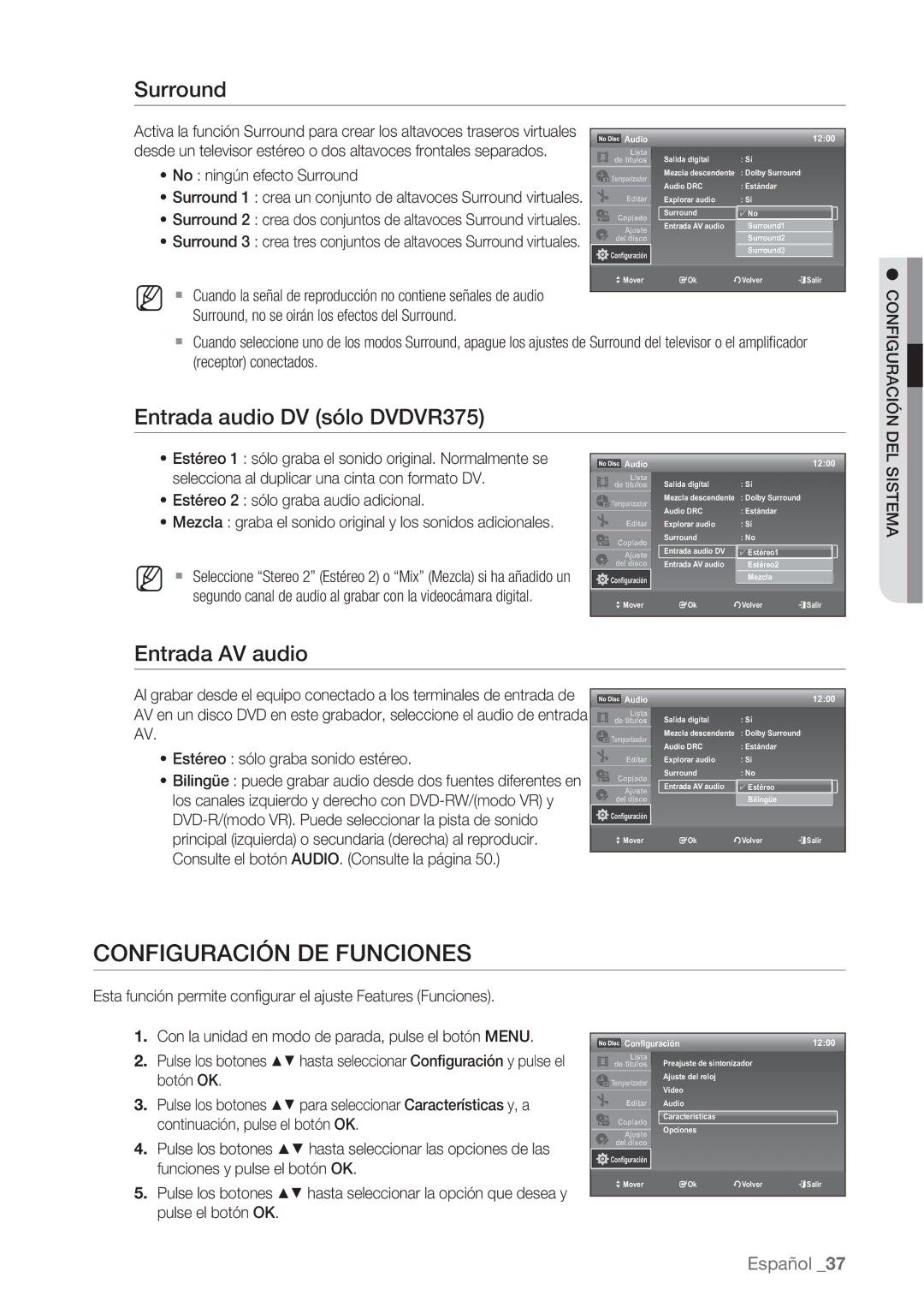 Samsung DVD-VR370/XEC manual Configuración DE Funciones, Surround, Entrada audio DV sólo DVDVR375, Entrada AV audio 