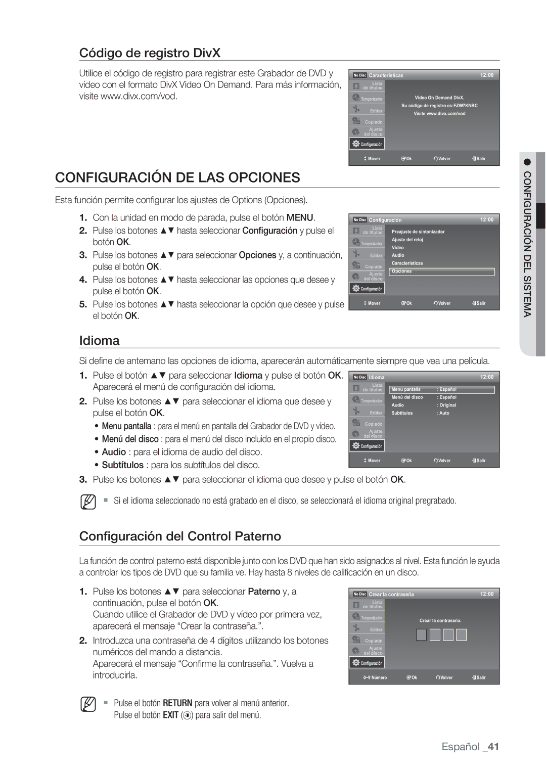 Samsung DVD-VR370/XEC Configuración DE LAS Opciones, Código de registro DivX, Idioma, Conﬁguración del Control Paterno 