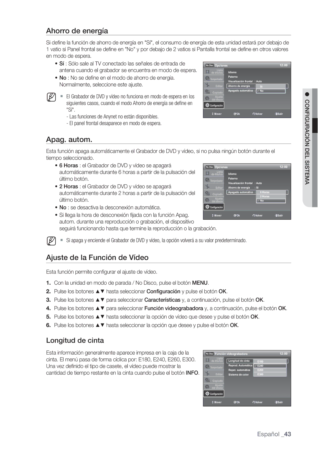 Samsung DVD-VR370/XEC, DVD-VR370/EDC manual Ahorro de energía, Apag. autom, Ajuste de la Función de Vídeo, Longitud de cinta 