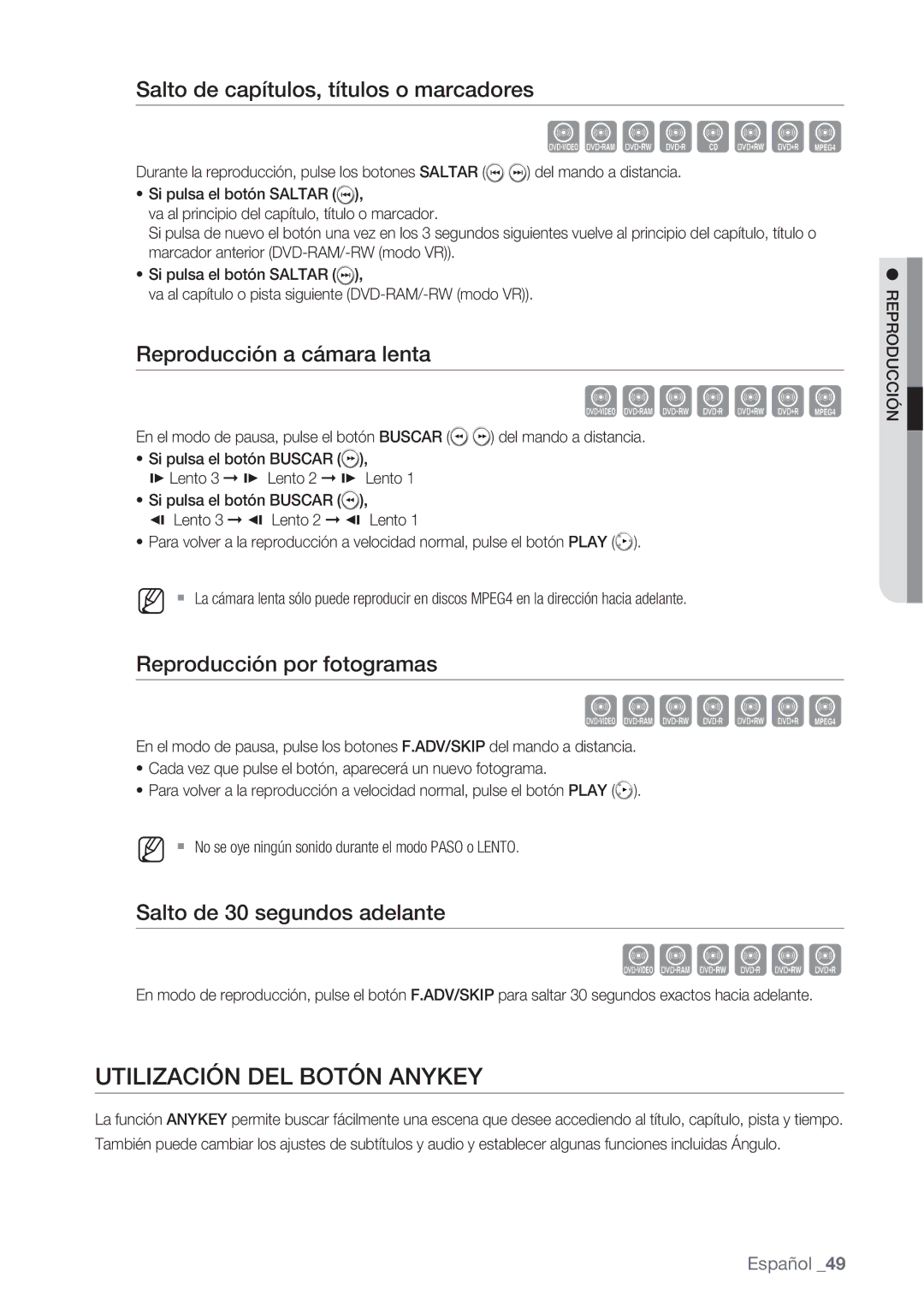 Samsung DVD-VR370/XEC Utilización DEL Botón Anykey, Salto de capítulos, títulos o marcadores, Reproducción a cámara lenta 