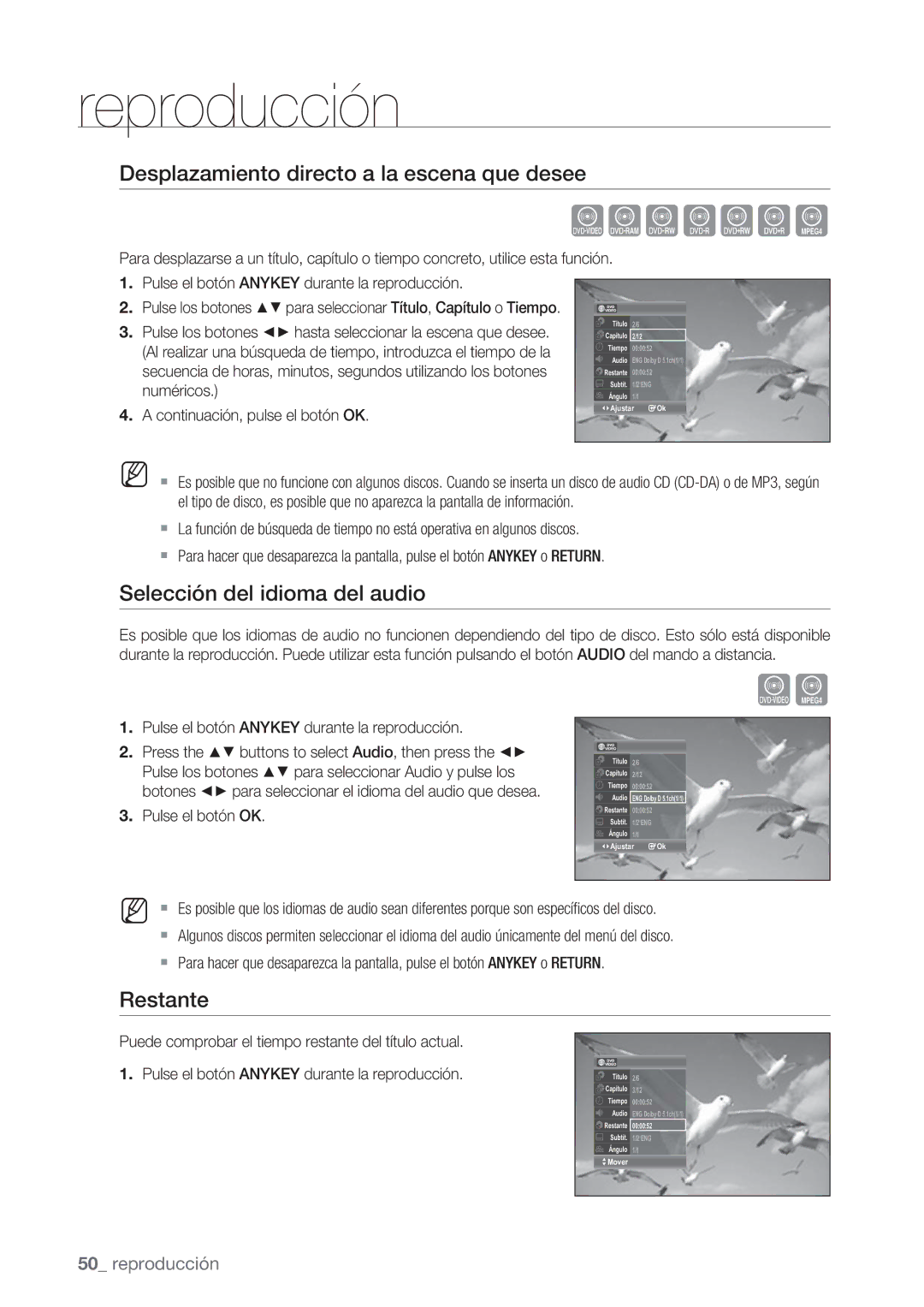 Samsung DVD-VR370/EDC manual Desplazamiento directo a la escena que desee, Selección del idioma del audio, Restante 