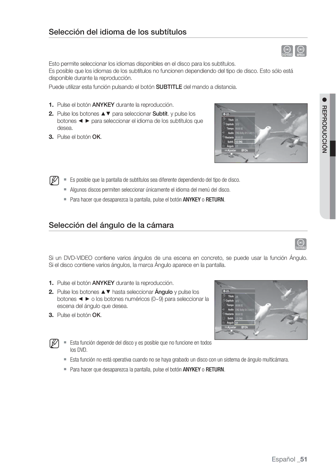 Samsung DVD-VR370/XEC, DVD-VR370/EDC manual Selección del idioma de los subtítulos, Selección del ángulo de la cámara 