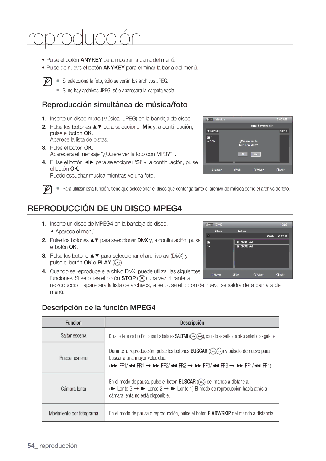 Samsung DVD-VR370/EDC, DVD-VR370/XEC manual Reproducción DE UN Disco MPEG4, Reproducción simultánea de música/foto 