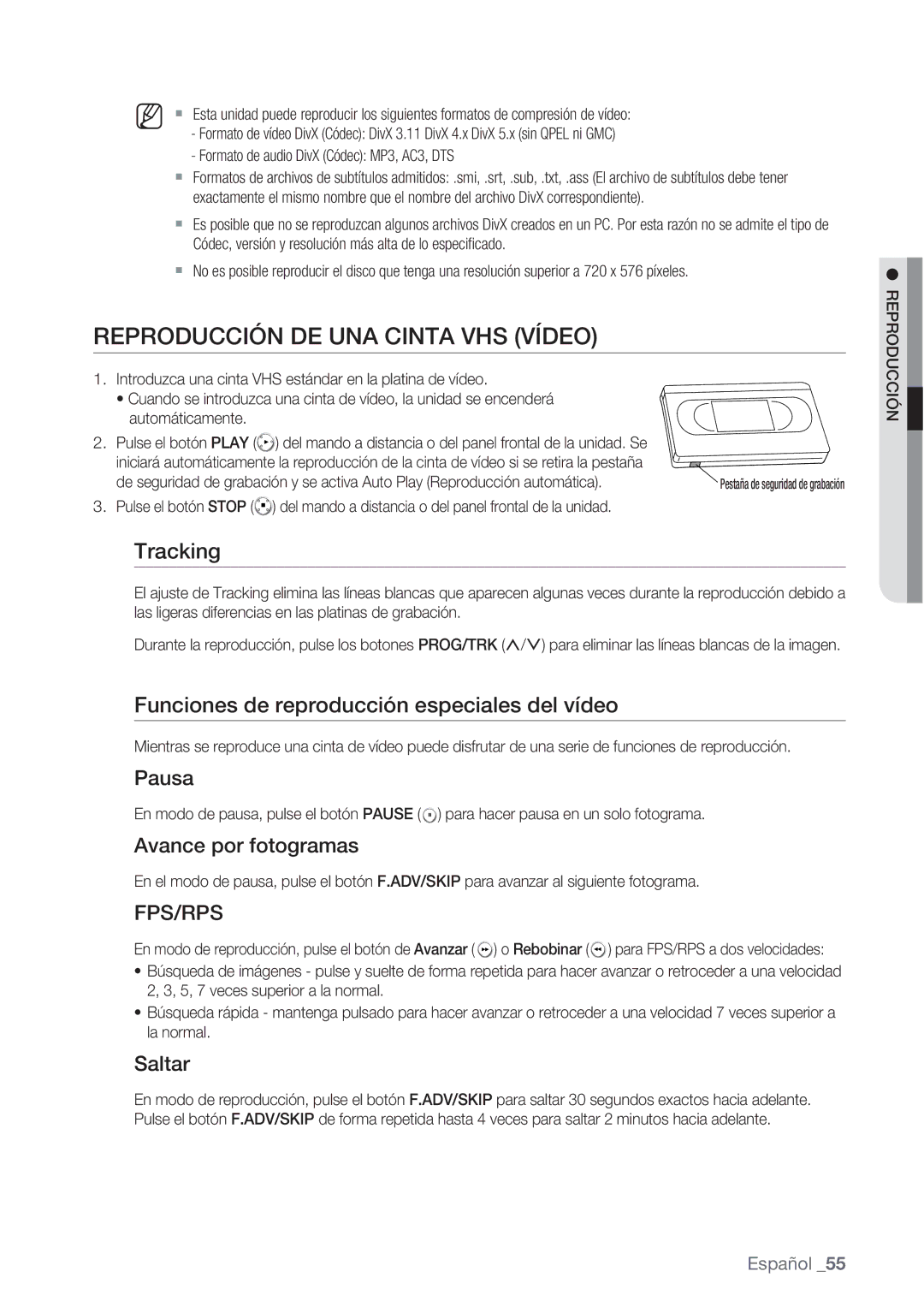 Samsung DVD-VR370/XEC manual Reproducción DE UNA Cinta VHS Vídeo, Tracking, Funciones de reproducción especiales del vídeo 