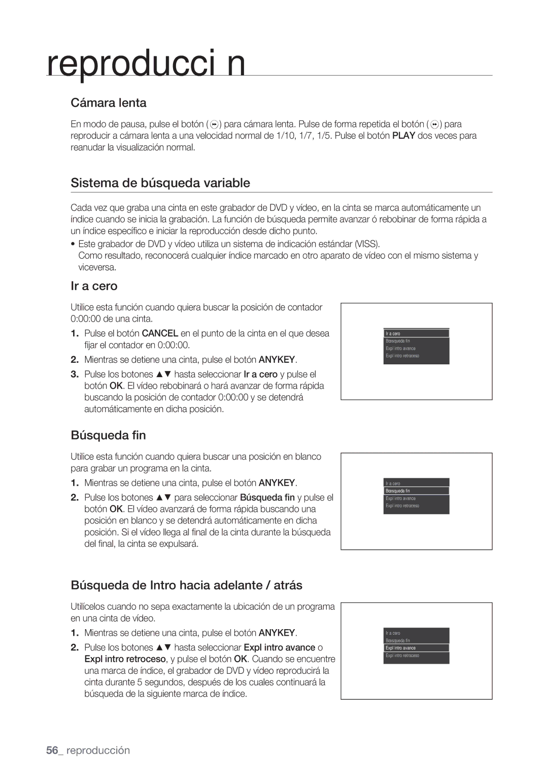 Samsung DVD-VR370/EDC, DVD-VR370/XEC manual Sistema de búsqueda variable, Cámara lenta, Ir a cero, Búsqueda ﬁn 