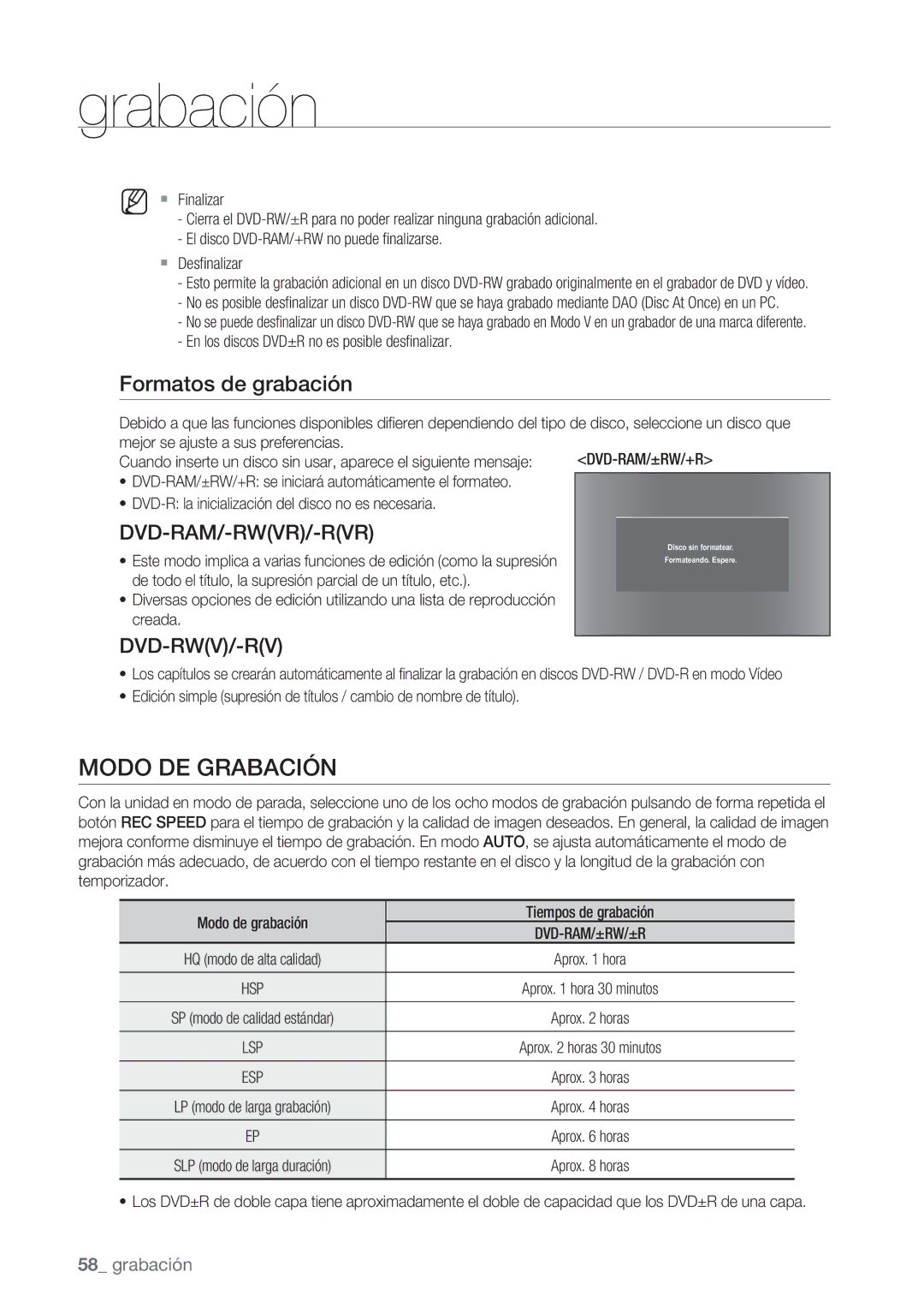 Samsung DVD-VR370/EDC, DVD-VR370/XEC manual Modo DE Grabación, Formatos de grabación, Dvd-Rwv/-Rv 