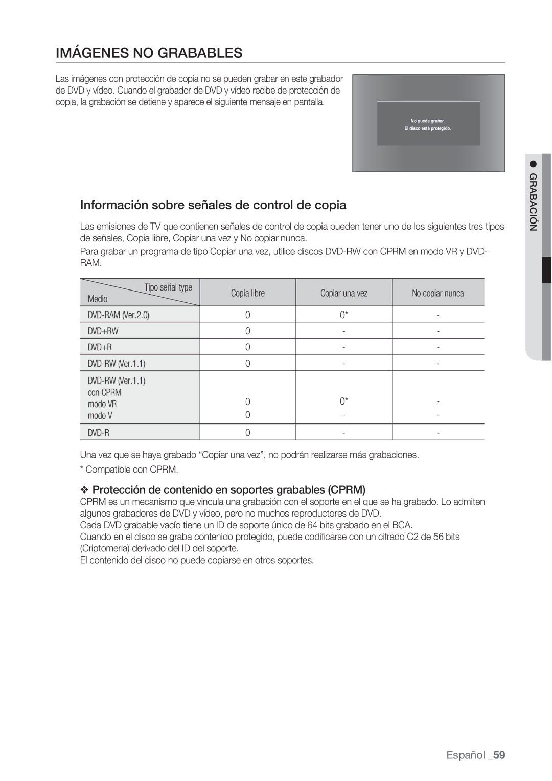 Samsung DVD-VR370/XEC, DVD-VR370/EDC manual Imágenes no Grabables, Información sobre señales de control de copia 