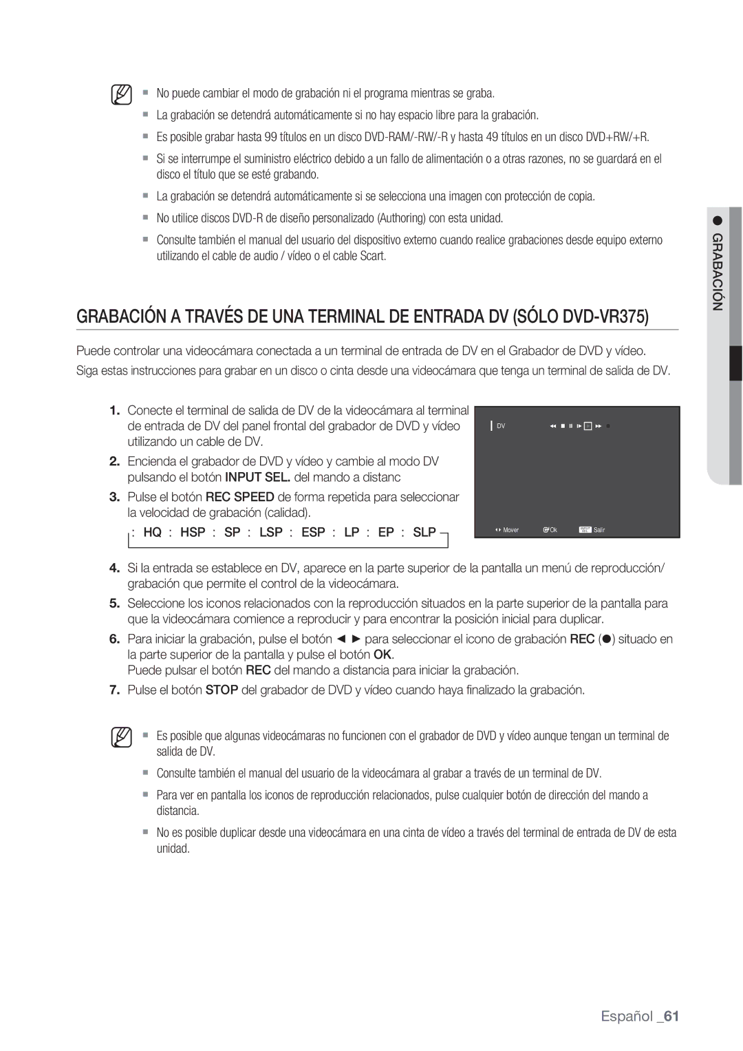 Samsung DVD-VR370/XEC, DVD-VR370/EDC manual La velocidad de grabación calidad 