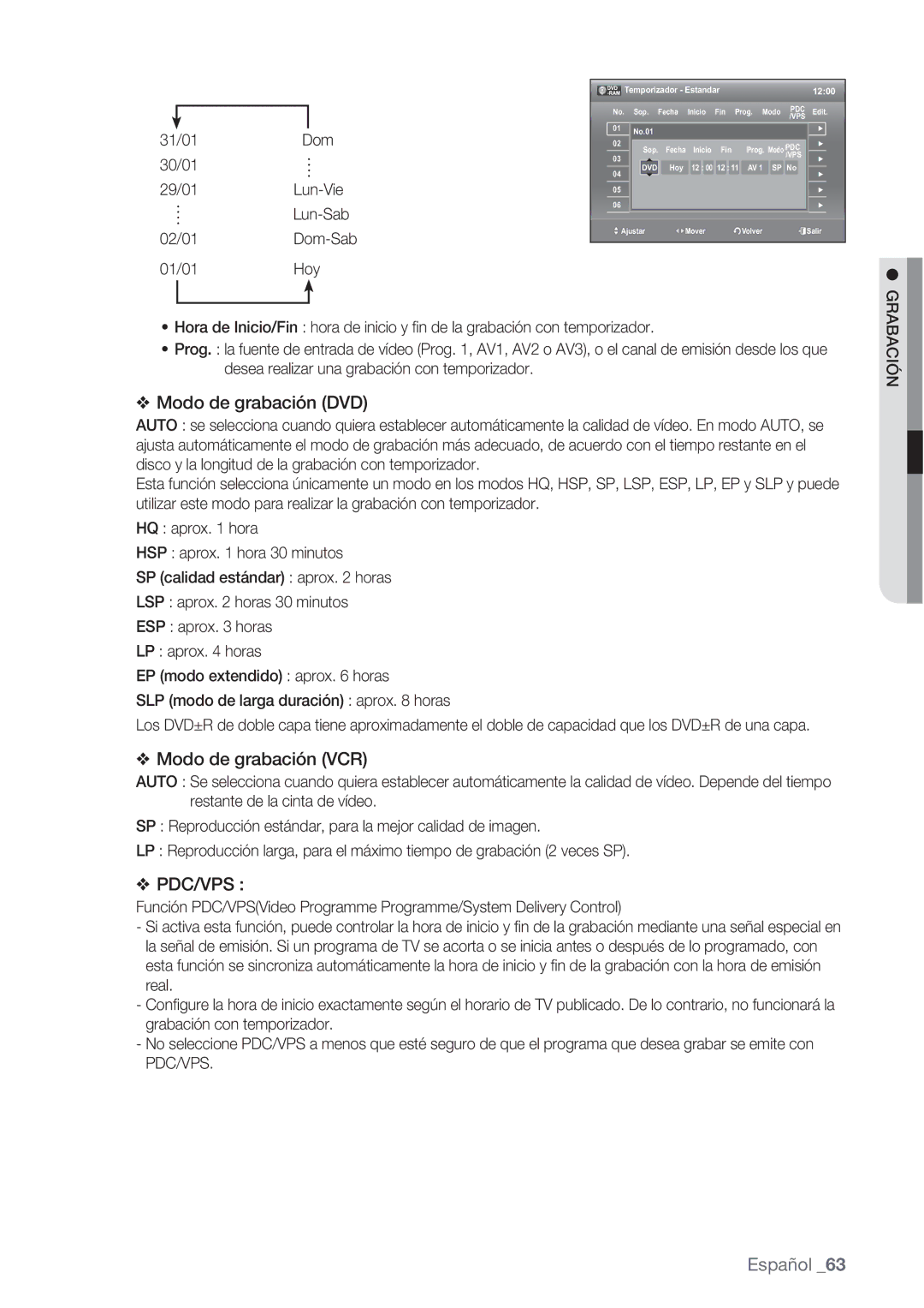 Samsung DVD-VR370/XEC, DVD-VR370/EDC 31/01Dom 30/01 29/01Lun-Vie Lun-Sab 02/01Dom-Sab 01/01Hoy, Temporizador Estandar 1200 