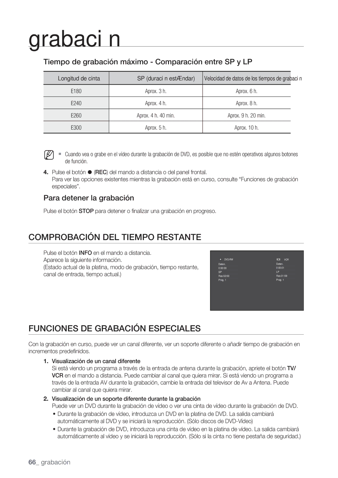 Samsung DVD-VR370/EDC, DVD-VR370/XEC manual Comprobación DEL Tiempo Restante, Funciones DE Grabación Especiales 