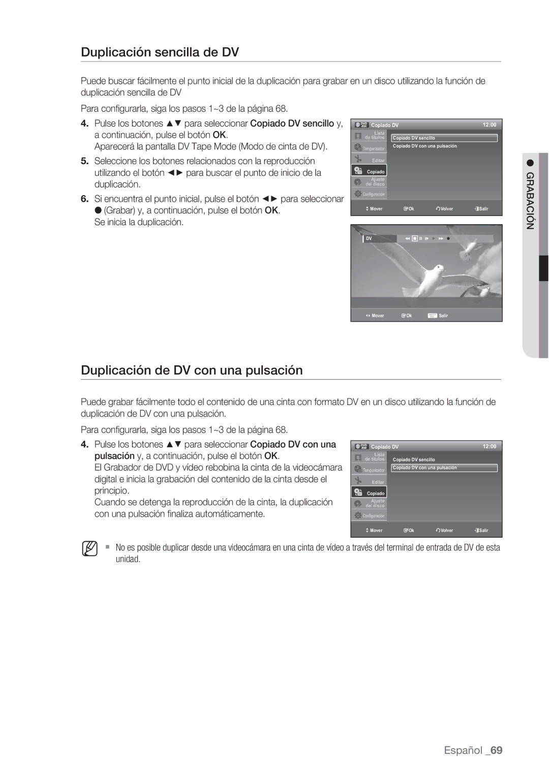 Samsung DVD-VR370/XEC, DVD-VR370/EDC manual Duplicación sencilla de DV, Duplicación de DV con una pulsación 