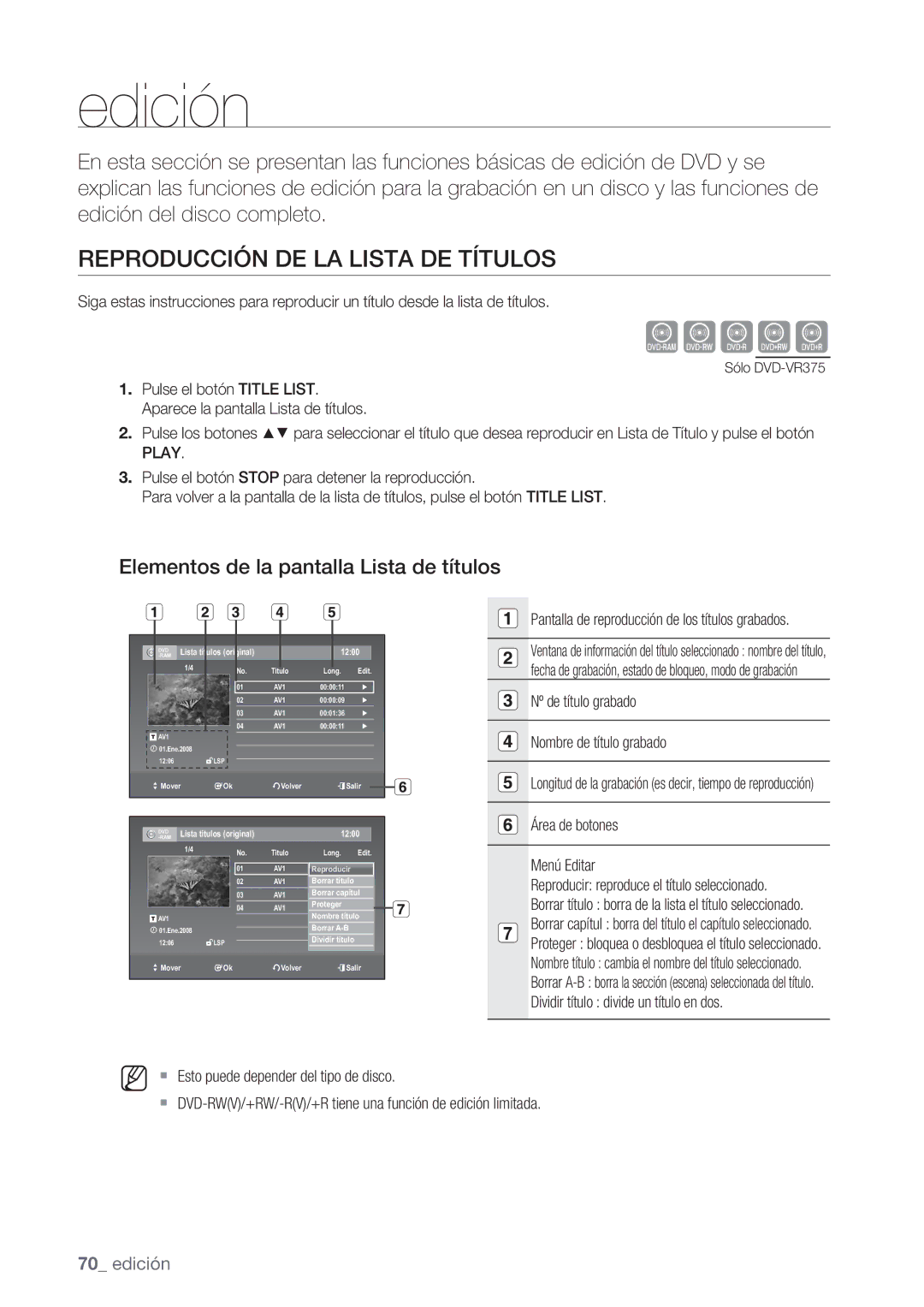 Samsung DVD-VR370/EDC, DVD-VR370/XEC manual Reproducción DE LA Lista DE Títulos, Elementos de la pantalla Lista de títulos 