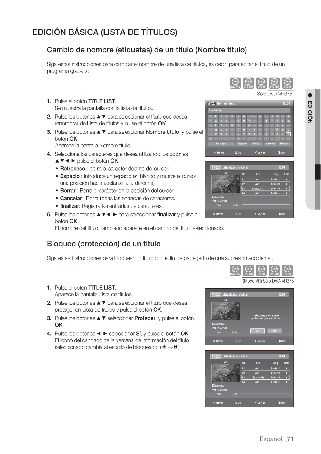 Samsung DVD-VR370/XEC manual Edición Básica Lista DE Títulos, Cambio de nombre etiquetas de un título Nombre título 