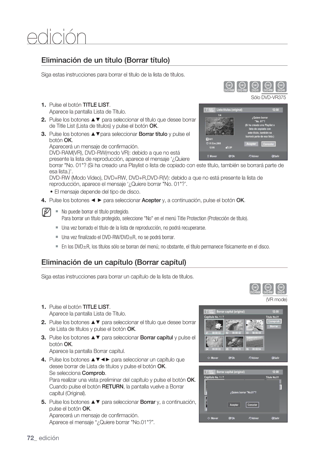 Samsung DVD-VR370/EDC, DVD-VR370/XEC Eliminación de un título Borrar título, Eliminación de un capítulo Borrar capítul 