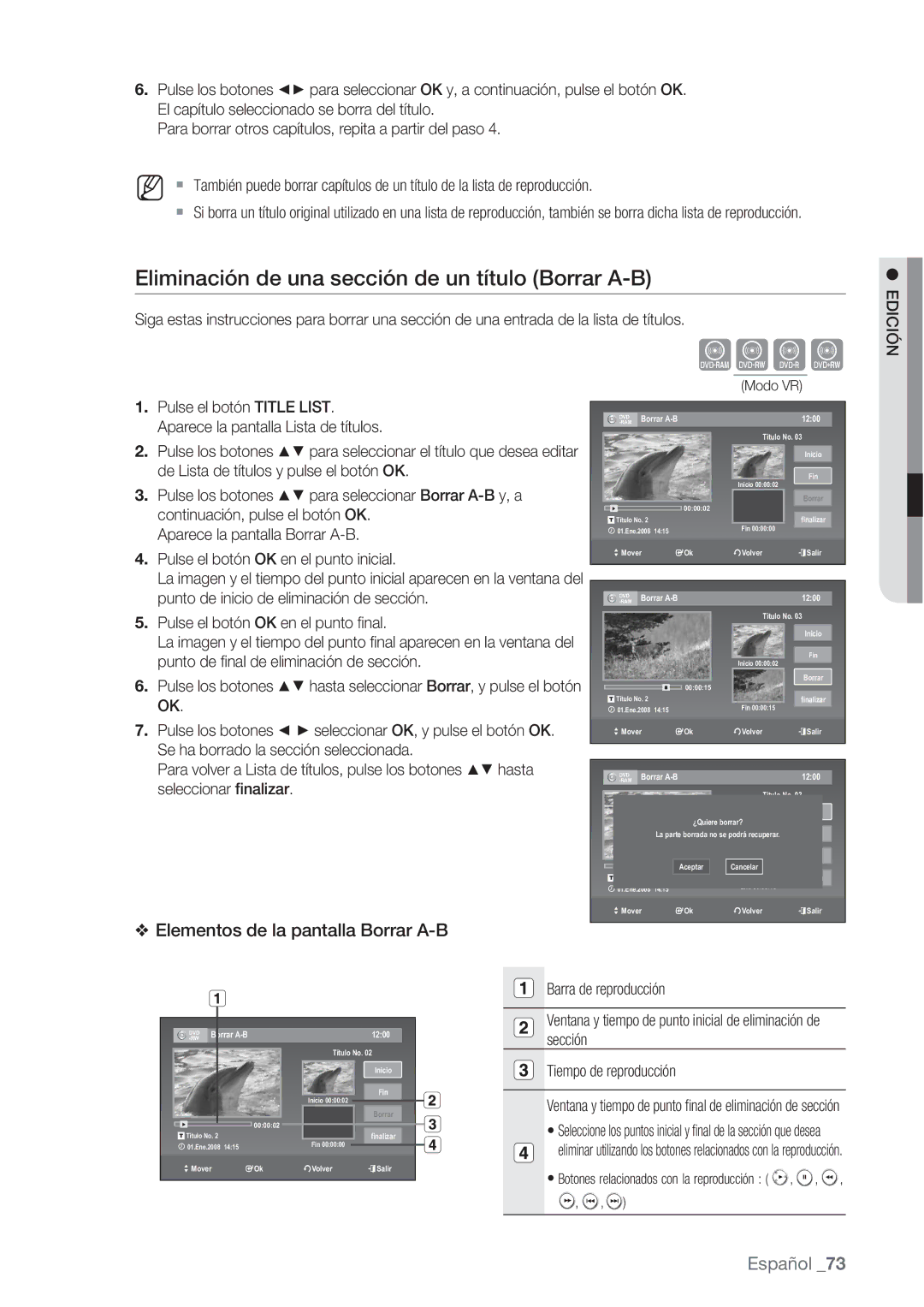 Samsung DVD-VR370/XEC, DVD-VR370/EDC manual Eliminación de una sección de un título Borrar A-B, Borrar A-B 1200 