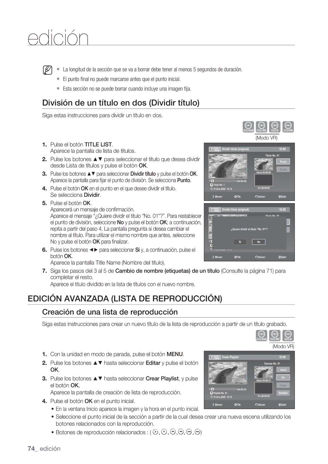 Samsung DVD-VR370/EDC, DVD-VR370/XEC Desde Lista de títulos y pulse el botón OK, Se selecciona Dividir, Completar el resto 