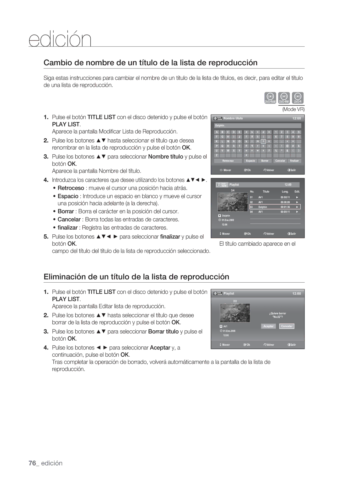 Samsung DVD-VR370/EDC, DVD-VR370/XEC manual Cambio de nombre de un título de la lista de reproducción 