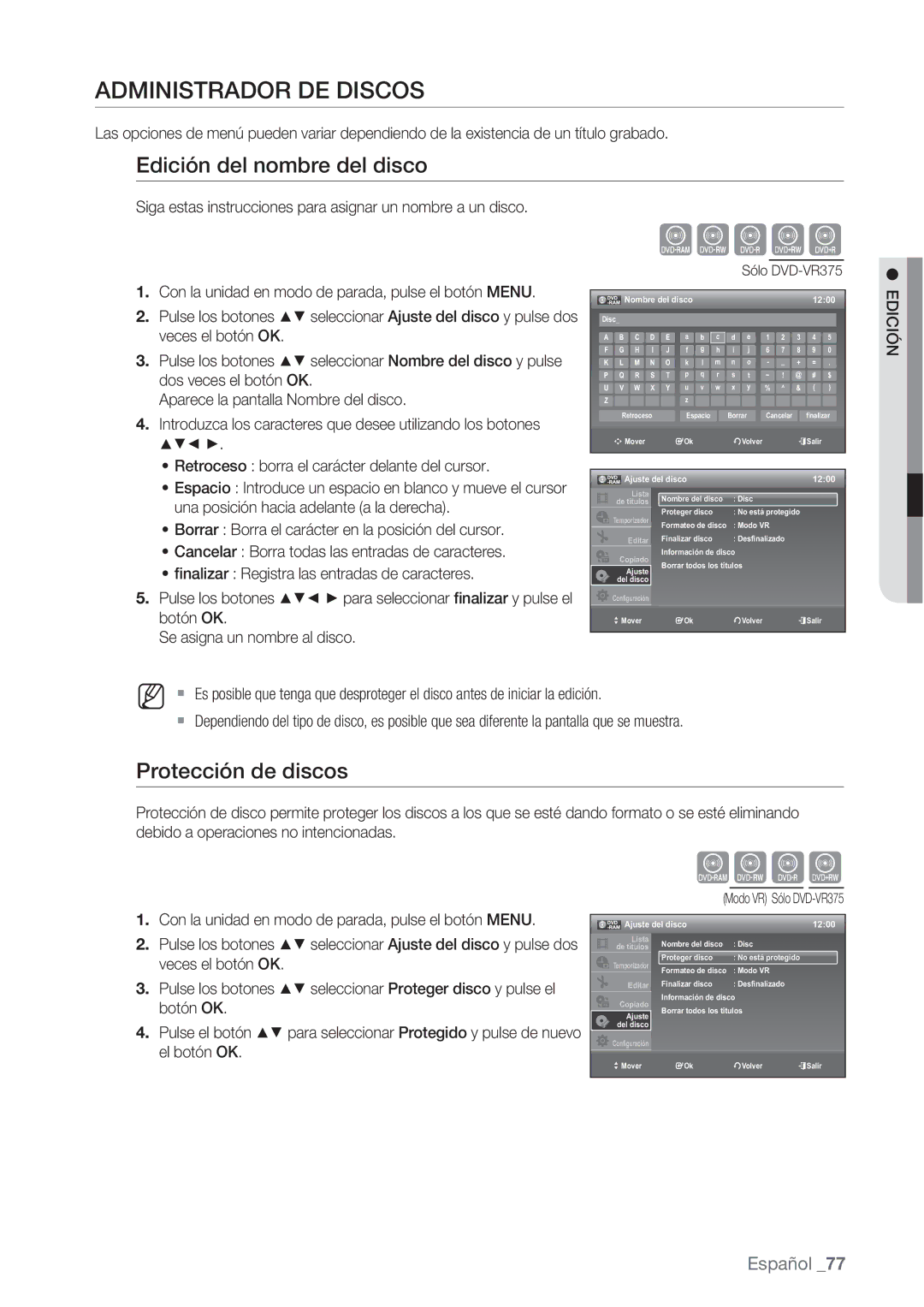 Samsung DVD-VR370/XEC Administrador DE Discos, Edición del nombre del disco, Protección de discos, Nombre del disco 1200 