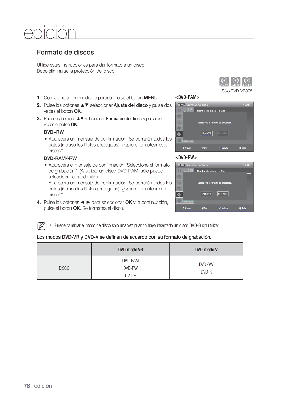 Samsung DVD-VR370/EDC, DVD-VR370/XEC manual Formato de discos, Dvd-Ram/-Rw, Disco, Formateo de disco 1200 