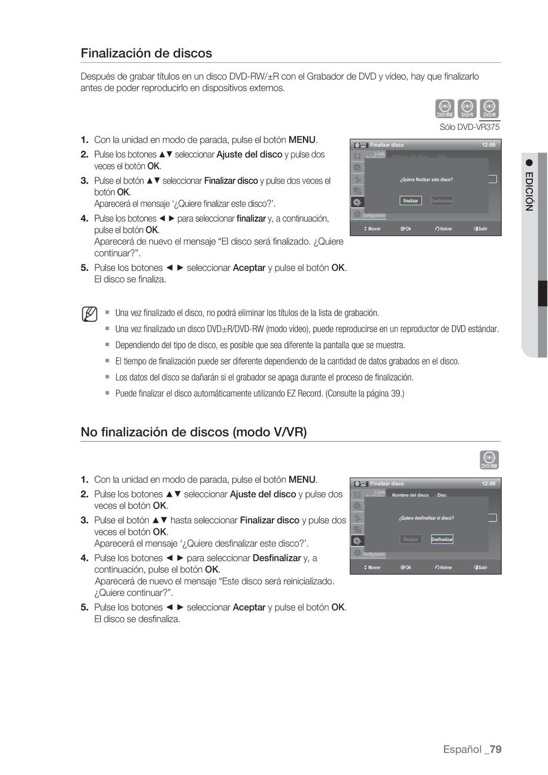 Samsung DVD-VR370/XEC manual Finalización de discos, No ﬁnalización de discos modo V/VR, Veces el botón OK, Continuar? 