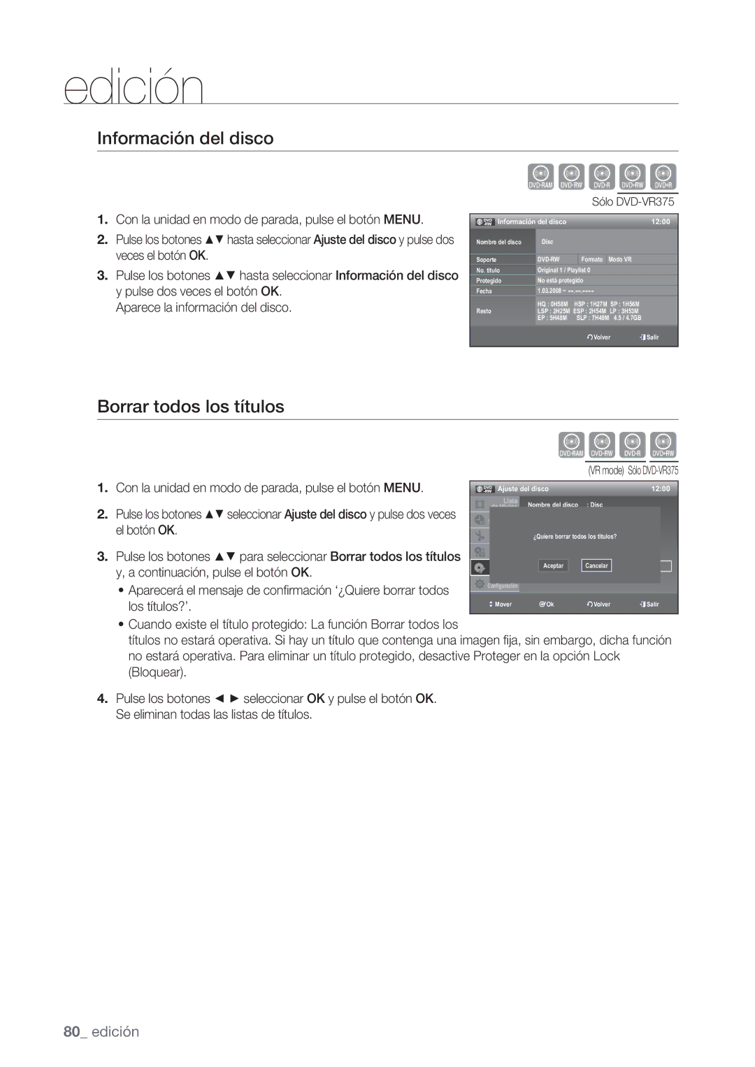 Samsung DVD-VR370/EDC, DVD-VR370/XEC manual Borrar todos los títulos, Los títulos?’, Información del disco 1200 