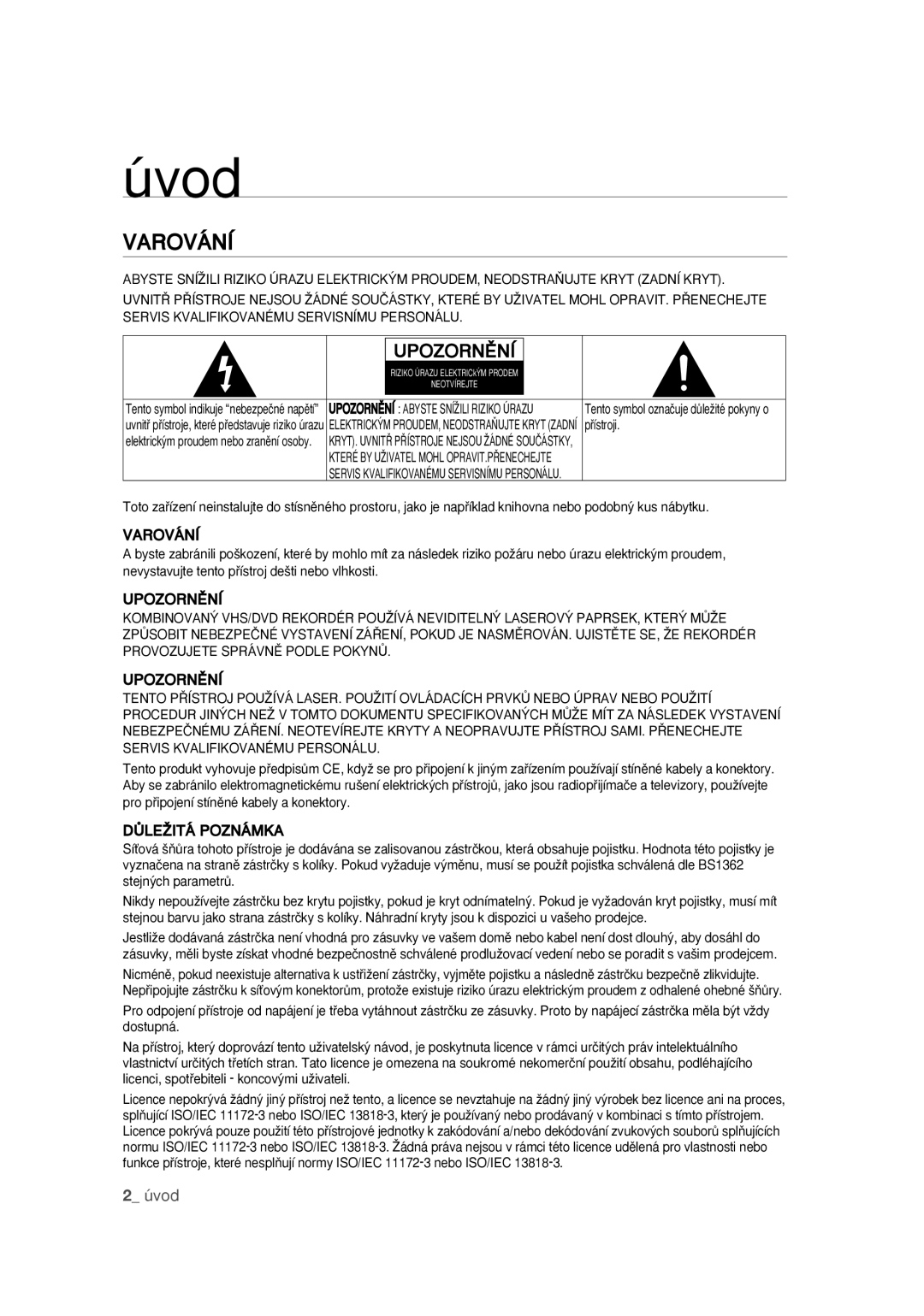 Samsung DVD-VR370/EDC manual Varování, UPOZORNùNÍ 