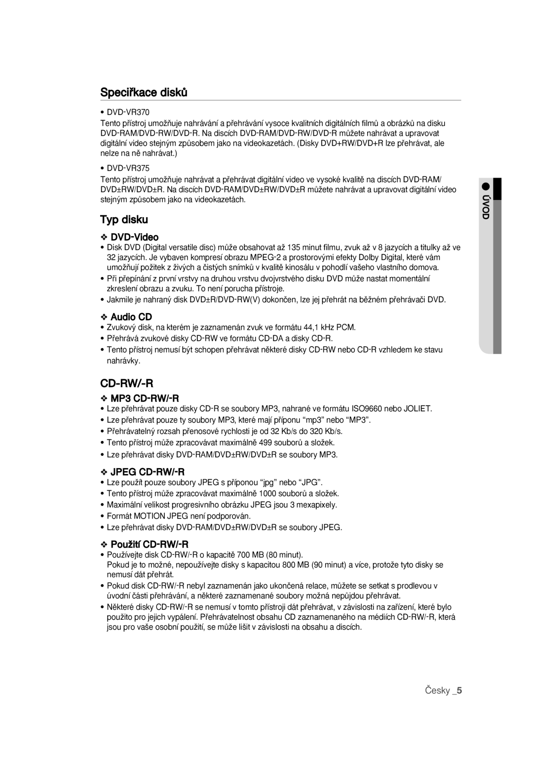 Samsung DVD-VR370/EDC manual Speciﬁkace diskÛ, Typ disku 