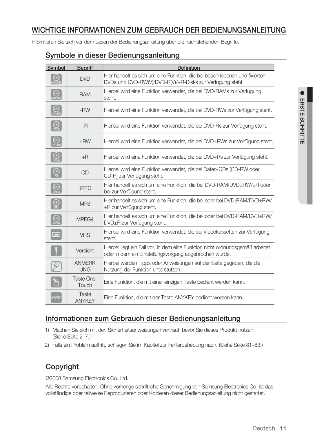 Samsung DVD-VR370/XEN Symbole in dieser Bedienungsanleitung, Informationen zum Gebrauch dieser Bedienungsanleitung, Anykey 