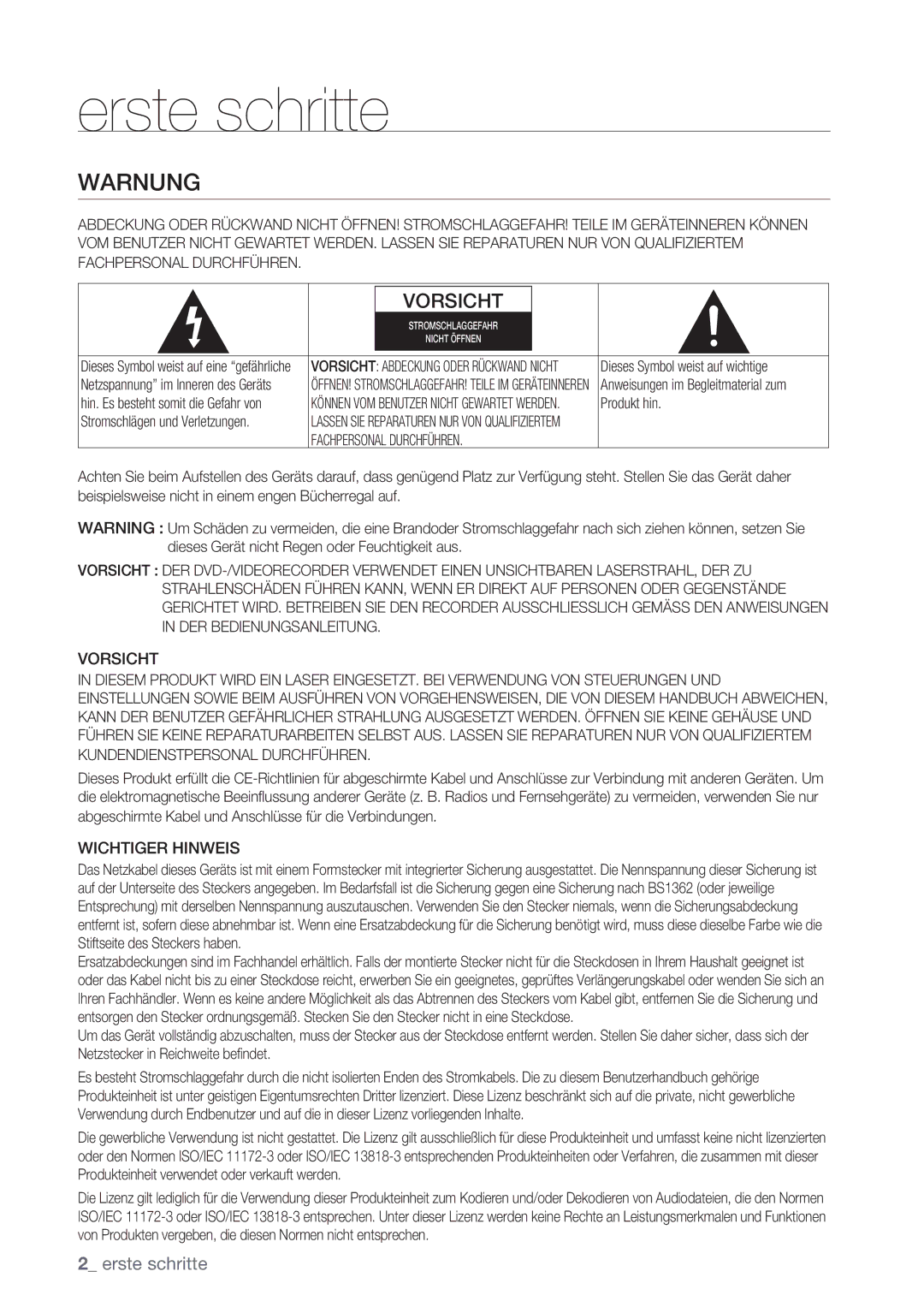 Samsung DVD-VR370/XEG, DVD-VR370/XEN manual Warnung, Vorsicht, Wichtiger Hinweis 