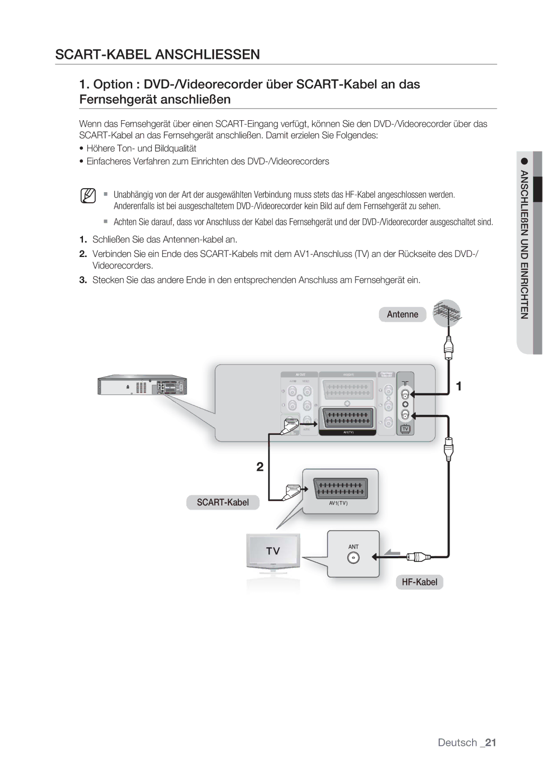 Samsung DVD-VR370/XEN, DVD-VR370/XEG manual SCART-KABEL Anschliessen 