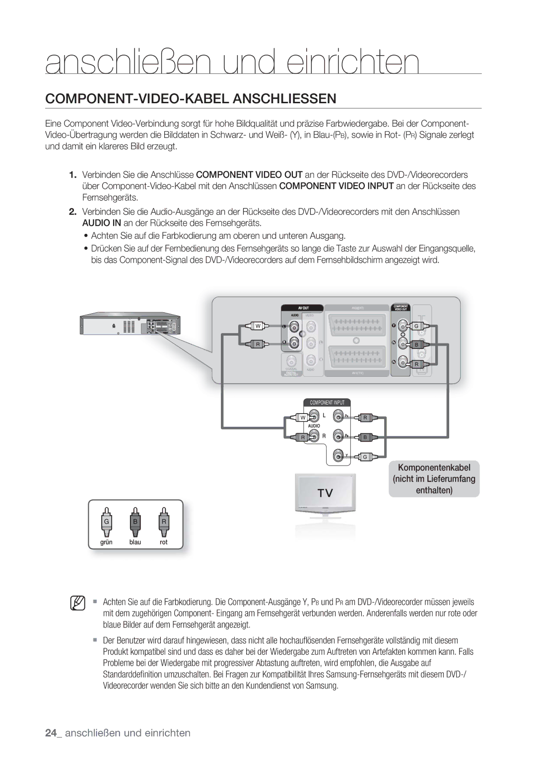 Samsung DVD-VR370/XEG, DVD-VR370/XEN COMPONENT-VIDEO-KABEL Anschliessen, Komponentenkabel Nicht im Lieferumfang Enthalten 