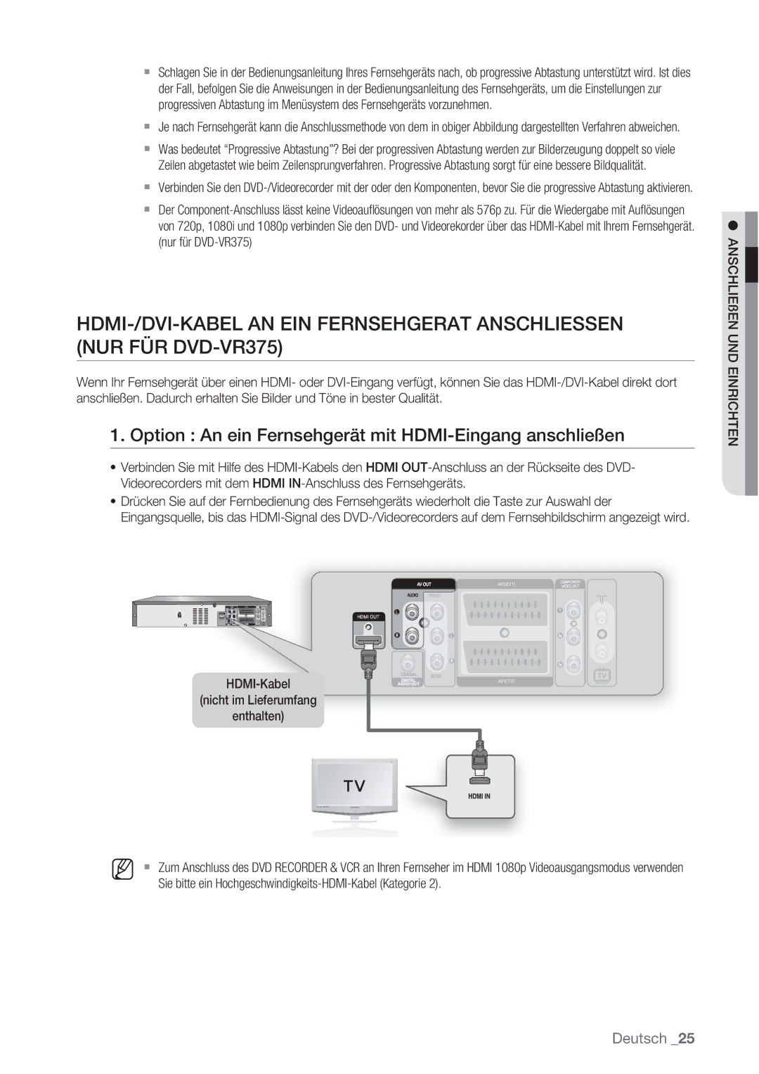 Samsung DVD-VR370/XEN Option An ein Fernsehgerät mit HDMI-Eingang anschließen, HDMI-Kabel Nicht im Lieferumfang Enthalten 