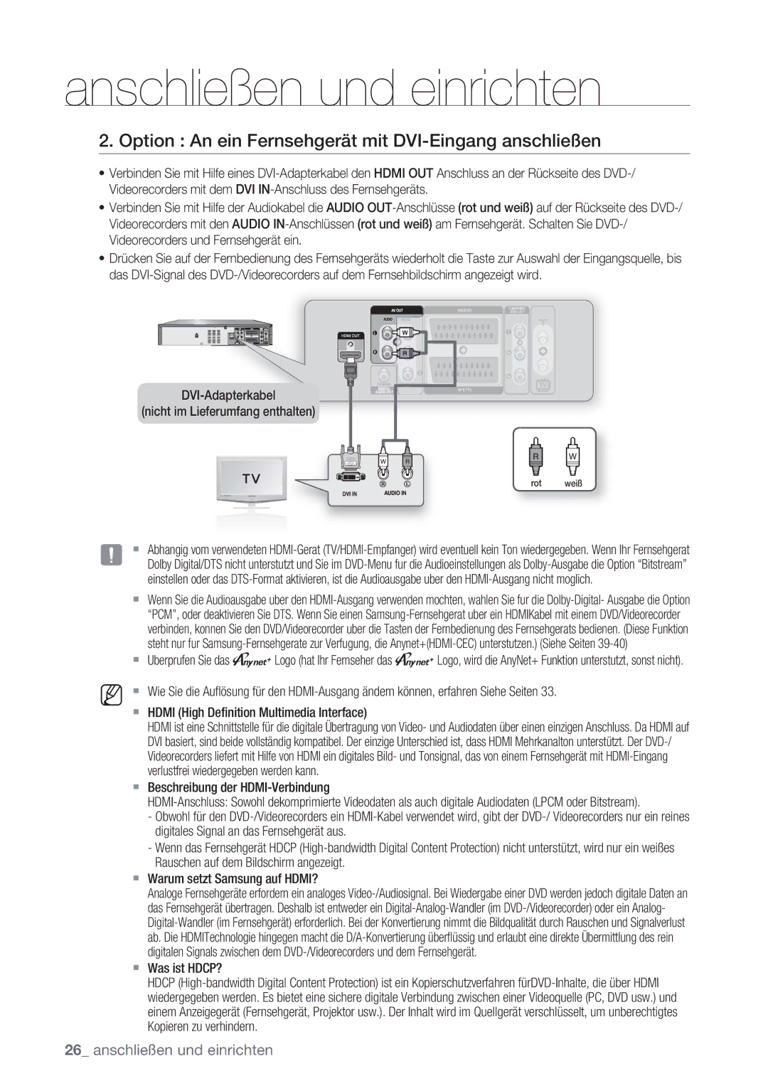 Samsung DVD-VR370/XEG manual Option An ein Fernsehgerät mit DVI-Eingang anschließen,  Beschreibung der HDMI-Verbindung 