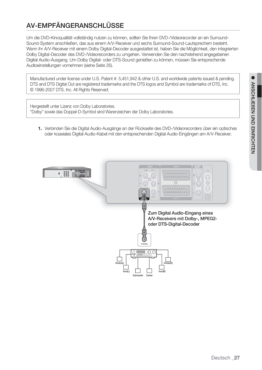 Samsung DVD-VR370/XEN, DVD-VR370/XEG manual Av-Empfängeranschlüsse 