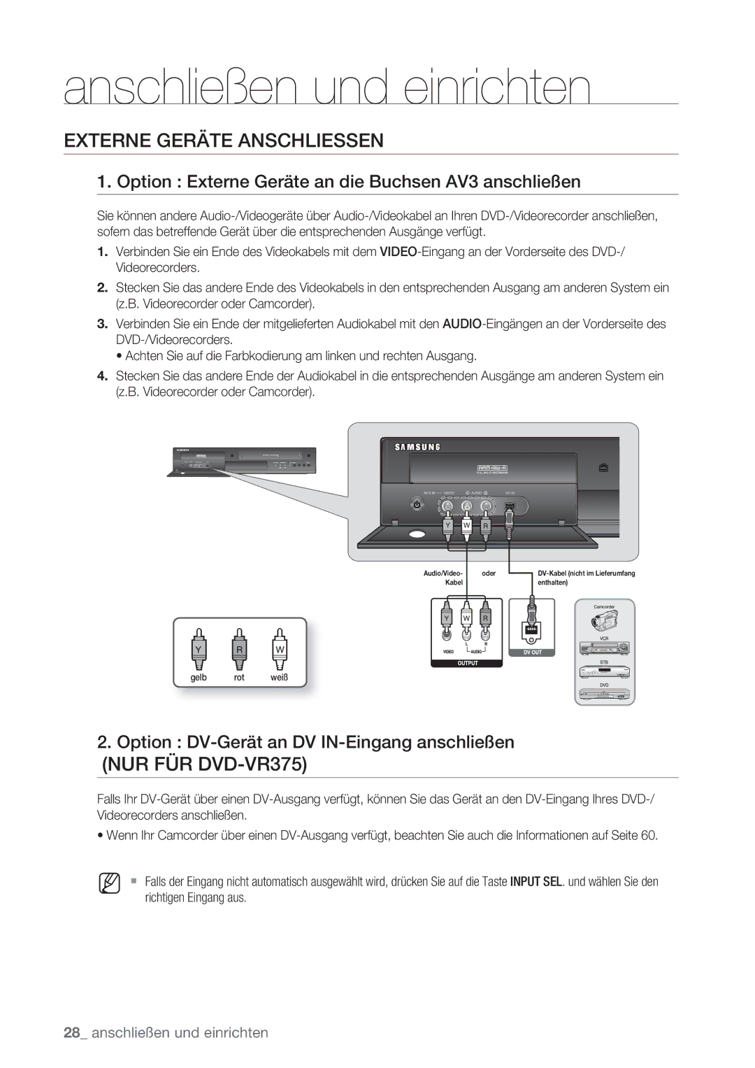 Samsung DVD-VR370/XEG Externe Geräte Anschliessen, NUR FÜR DVD-VR375, Option Externe Geräte an die Buchsen AV3 anschließen 