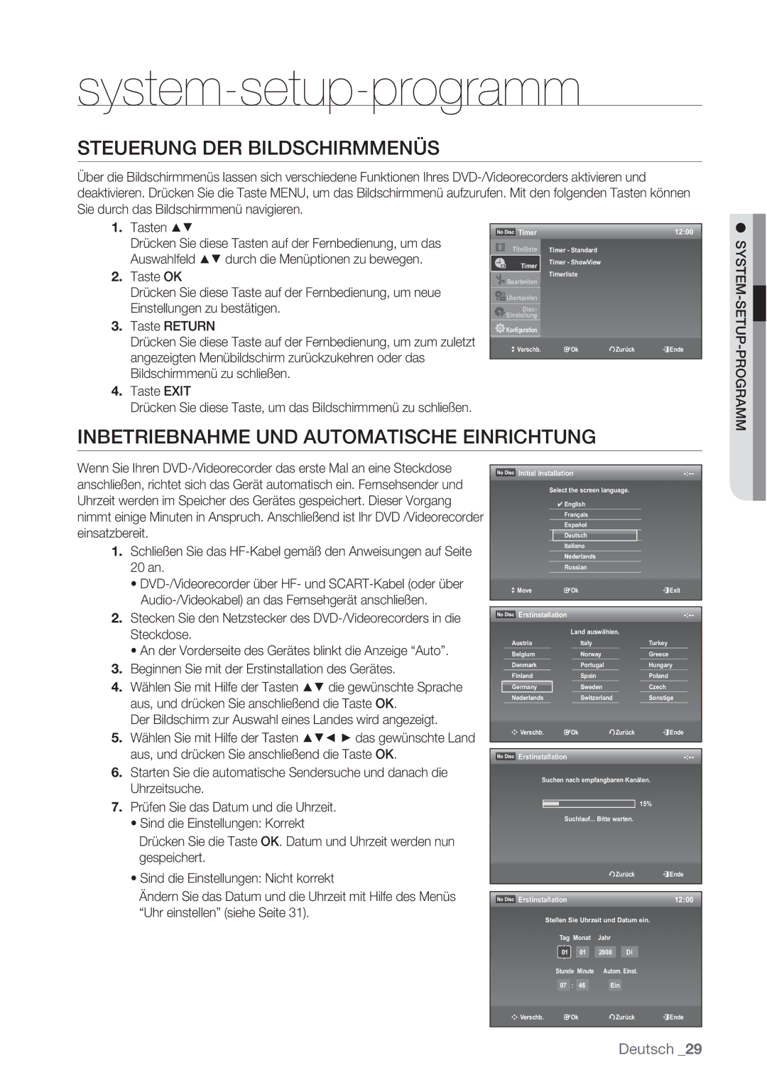 Samsung DVD-VR370/XEN Steuerung DER Bildschirmmenüs, Inbetriebnahme UND Automatische Einrichtung, System-Setup-Programm 