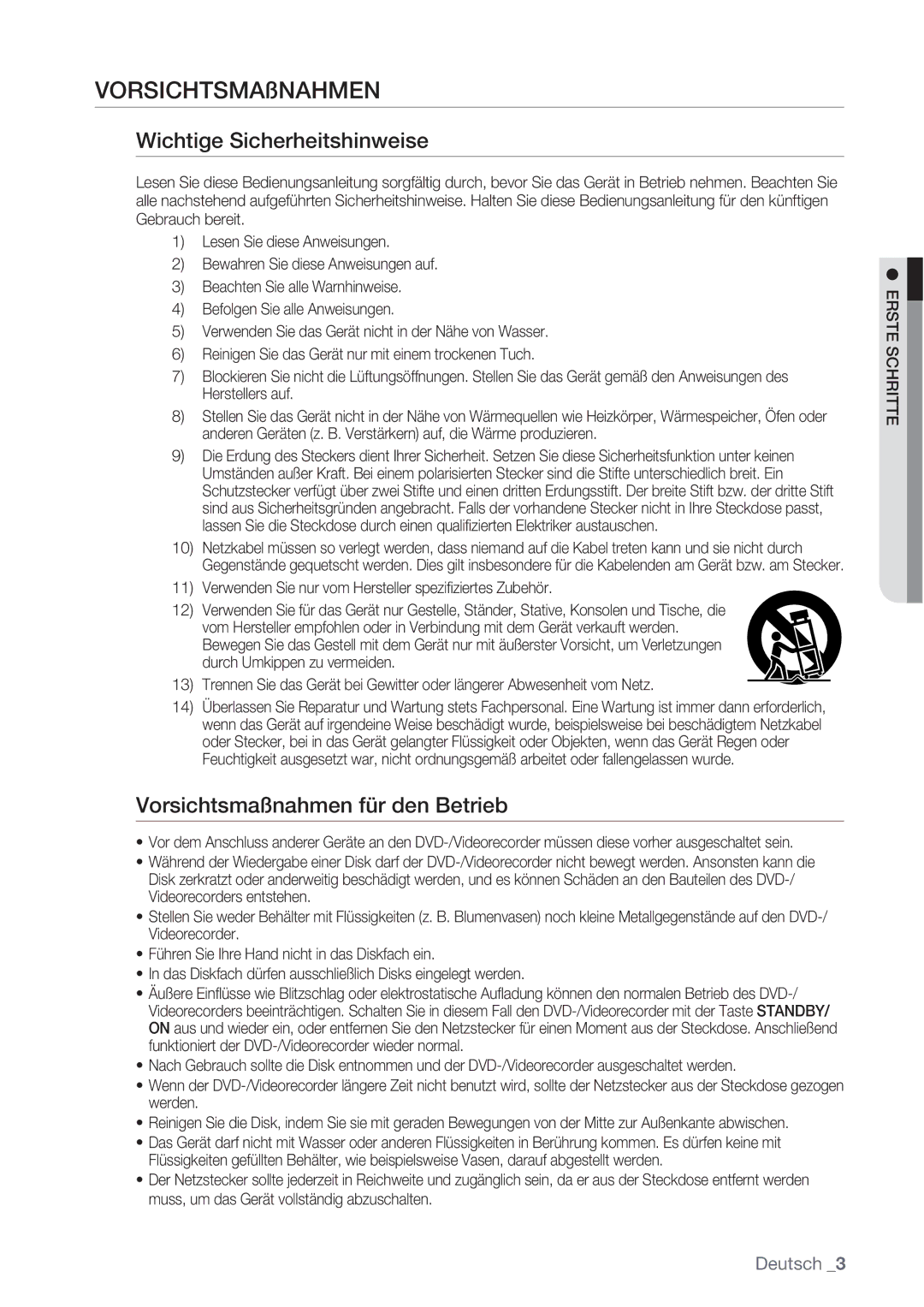 Samsung DVD-VR370/XEN, DVD-VR370/XEG manual Wichtige Sicherheitshinweise, Vorsichtsmaßnahmen für den Betrieb, Erste Schritte 