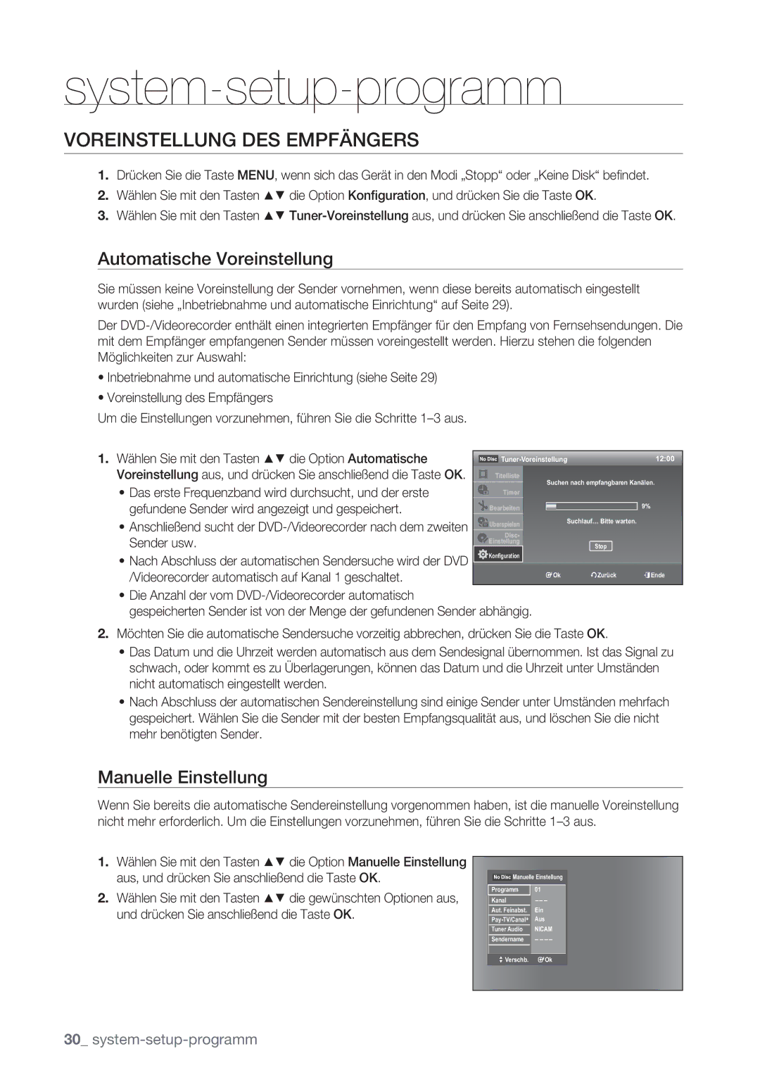 Samsung DVD-VR370/XEG, DVD-VR370/XEN manual Voreinstellung DES Empfängers, Automatische Voreinstellung, Manuelle Einstellung 