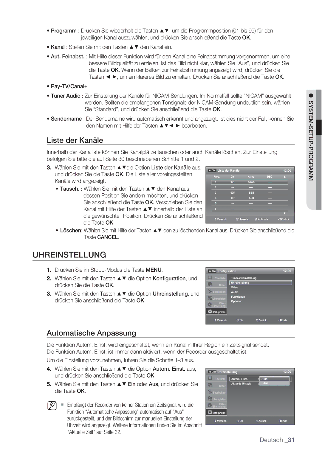 Samsung DVD-VR370/XEN, DVD-VR370/XEG manual Uhreinstellung, Liste der Kanäle, Automatische Anpassung 