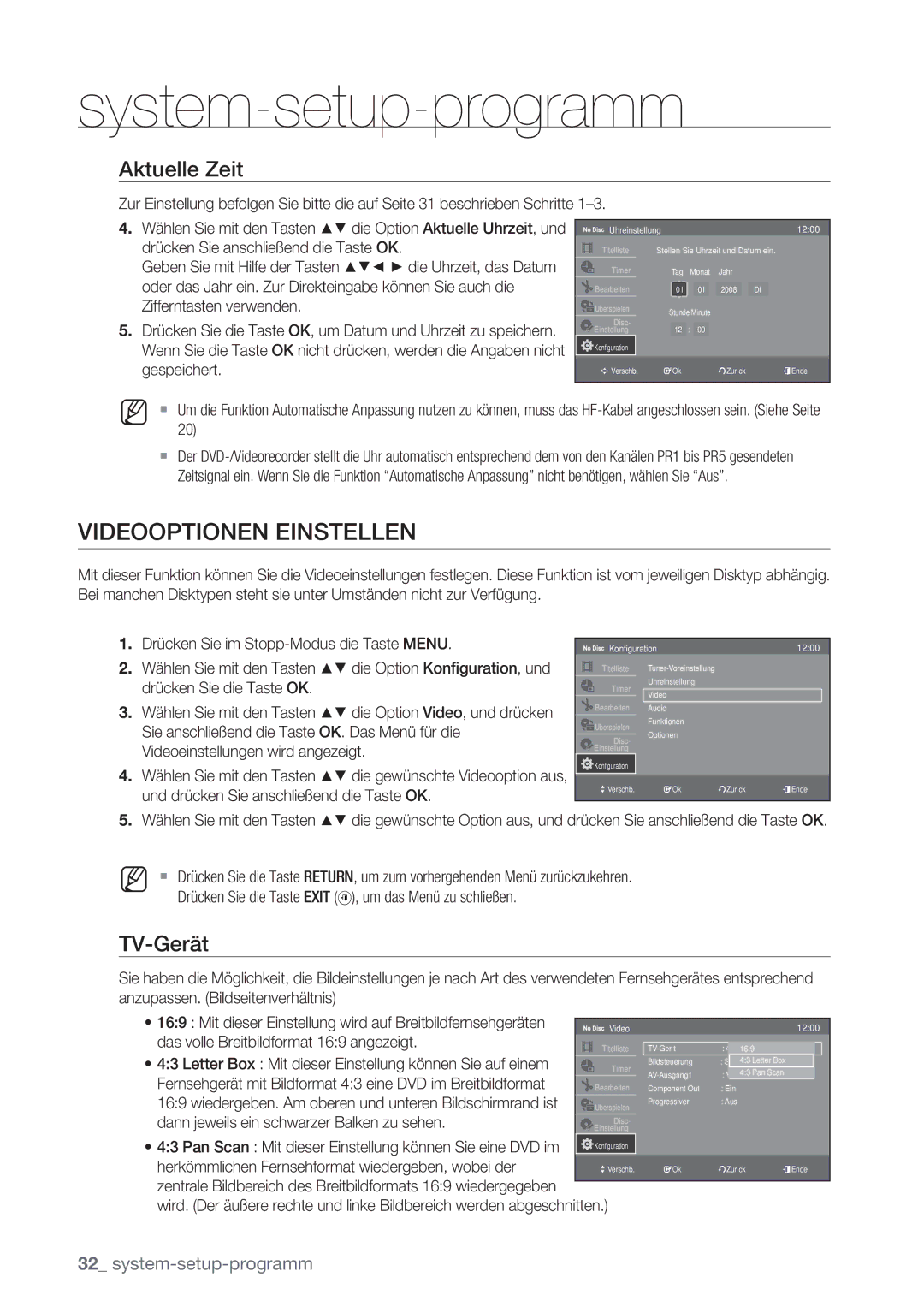 Samsung DVD-VR370/XEG, DVD-VR370/XEN manual Videooptionen Einstellen, Aktuelle Zeit, TV-Gerät 