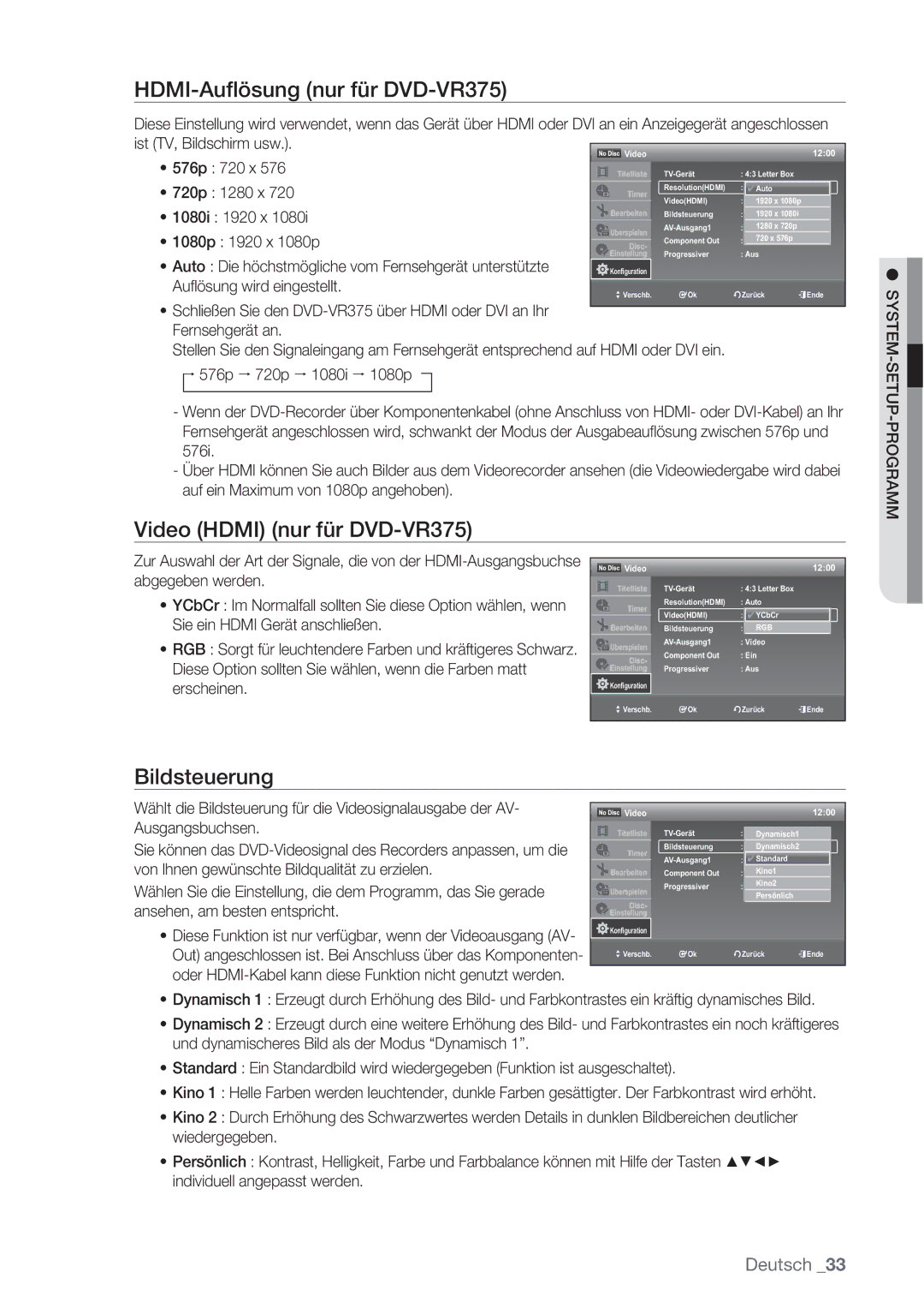 Samsung DVD-VR370/XEN, DVD-VR370/XEG manual HDMI-Auﬂösung nur für DVD-VR375, Video Hdmi nur für DVD-VR375, Bildsteuerung 