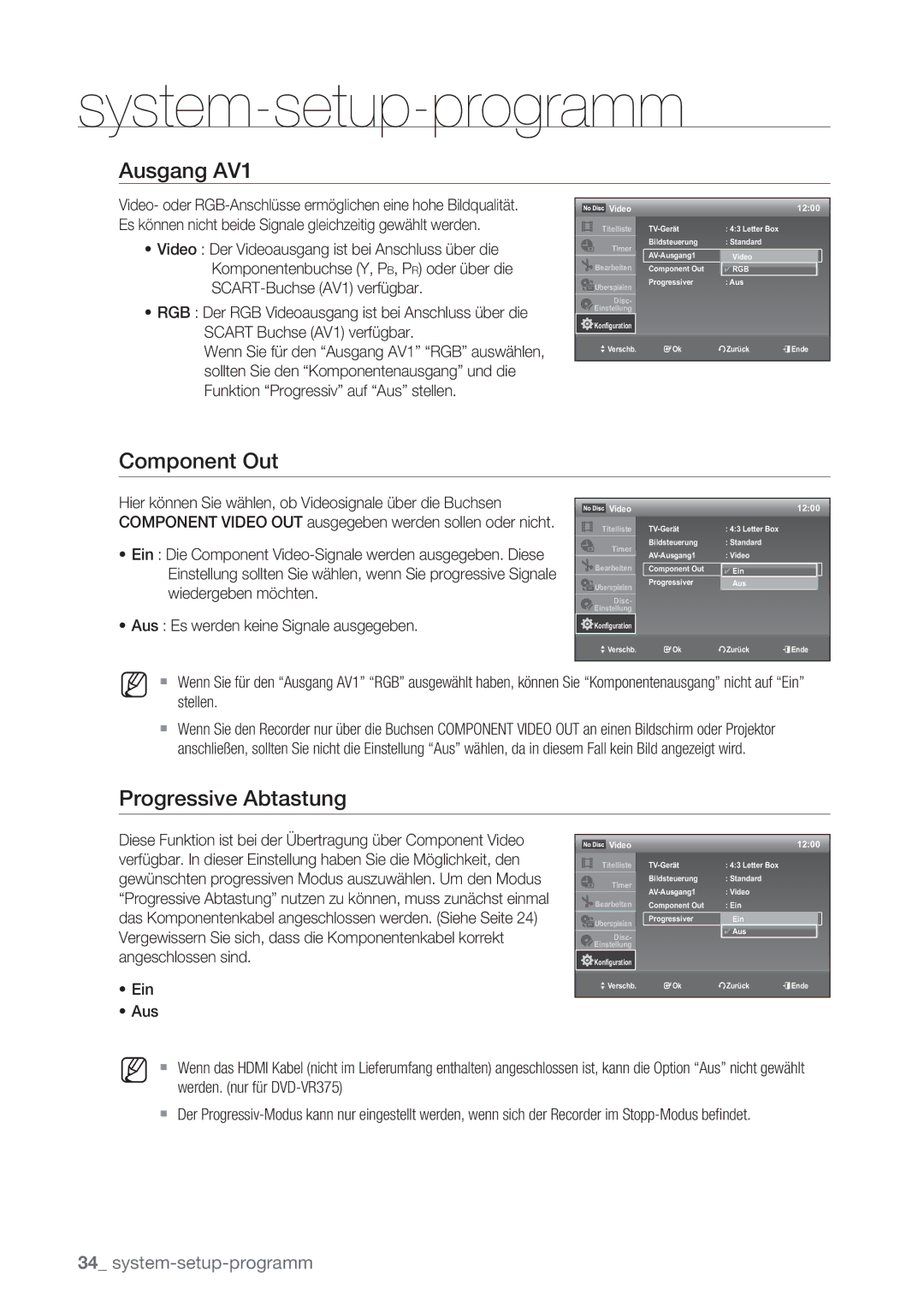Samsung DVD-VR370/XEG, DVD-VR370/XEN manual Ausgang AV1, Component Out, Progressive Abtastung, Ein Aus 
