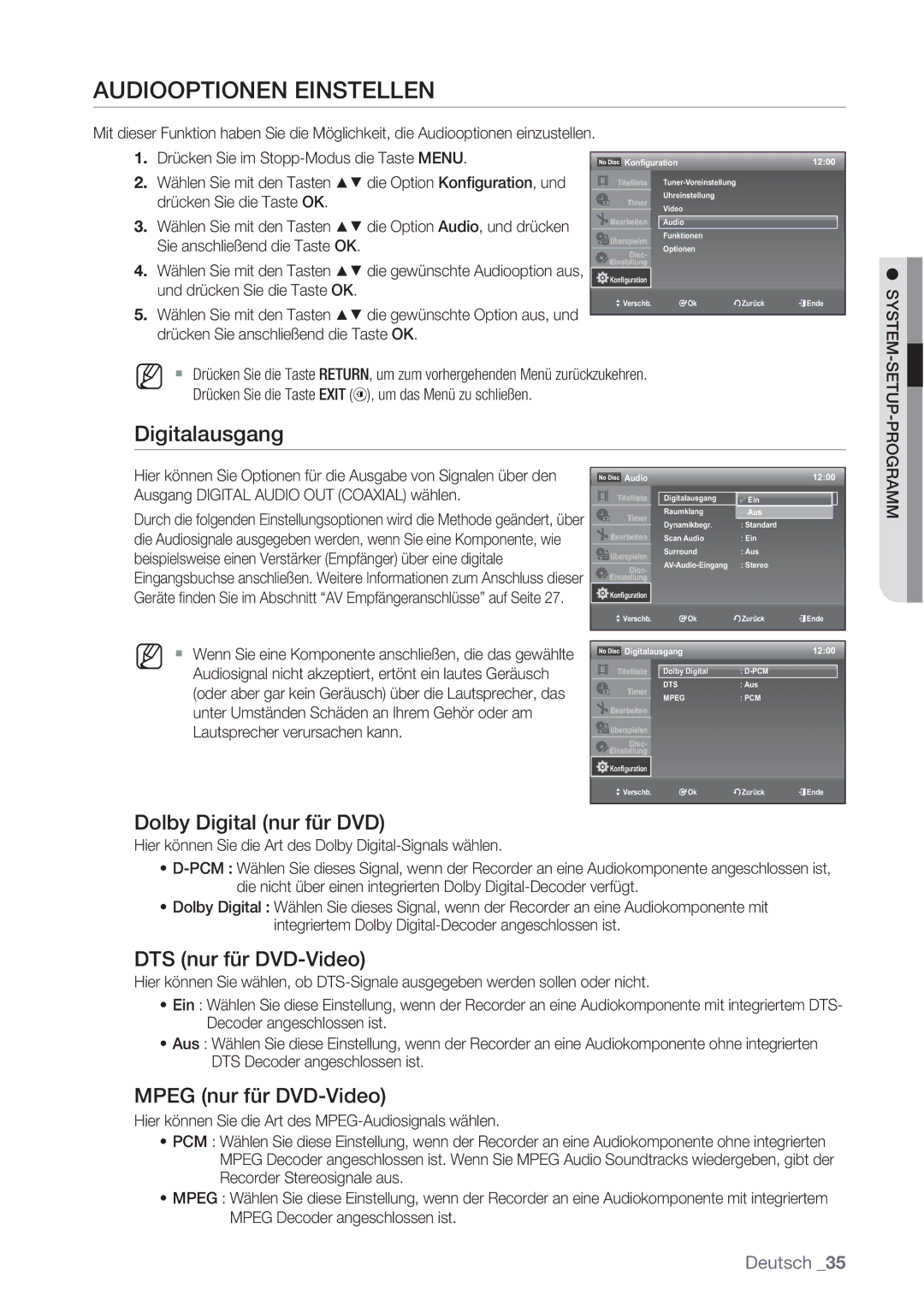 Samsung DVD-VR370/XEN manual Audiooptionen Einstellen, Digitalausgang, Dolby Digital nur für DVD, DTS nur für DVD-Video 