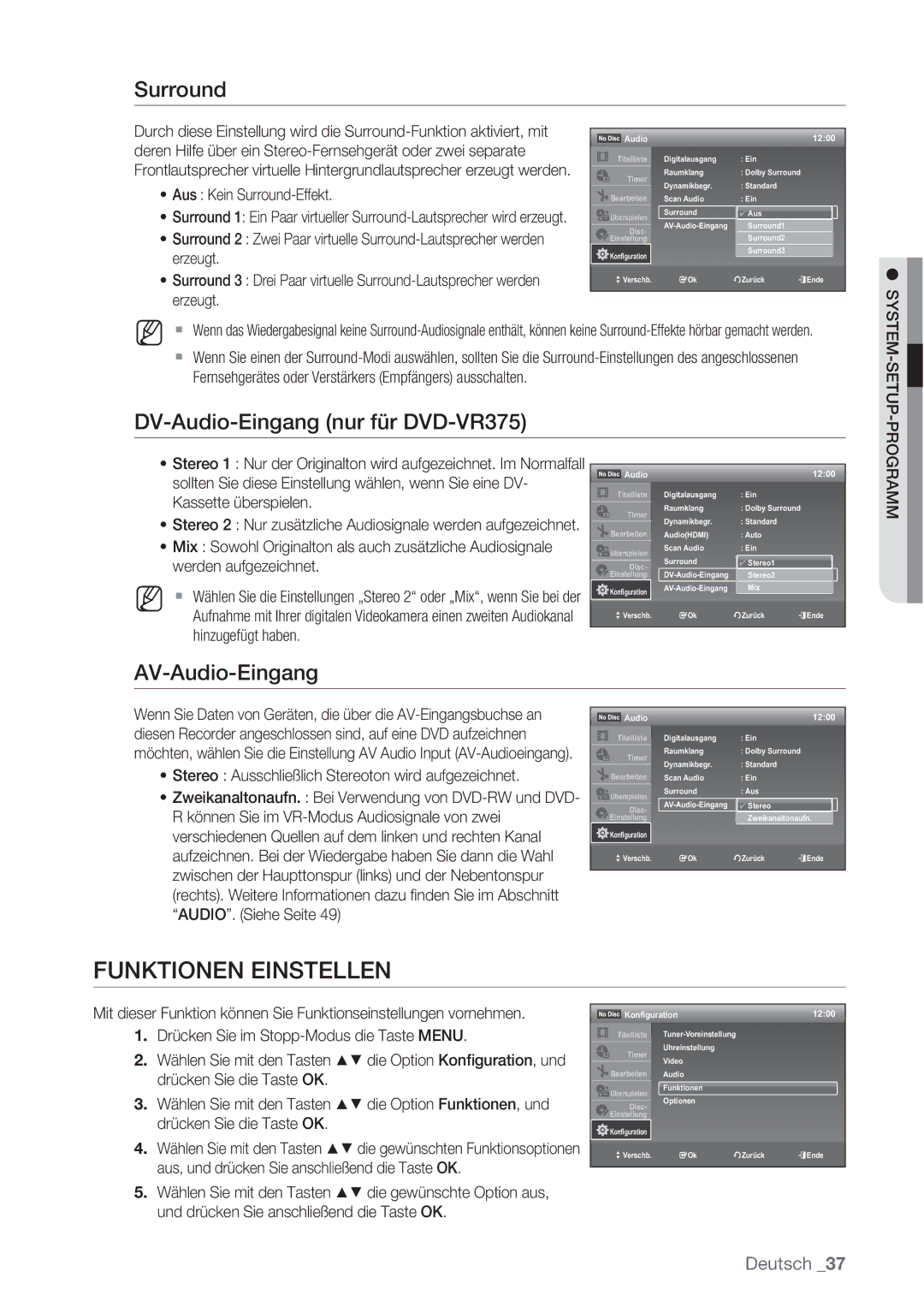 Samsung DVD-VR370/XEN, DVD-VR370/XEG manual Funktionen Einstellen, AV-Audio-Eingang 