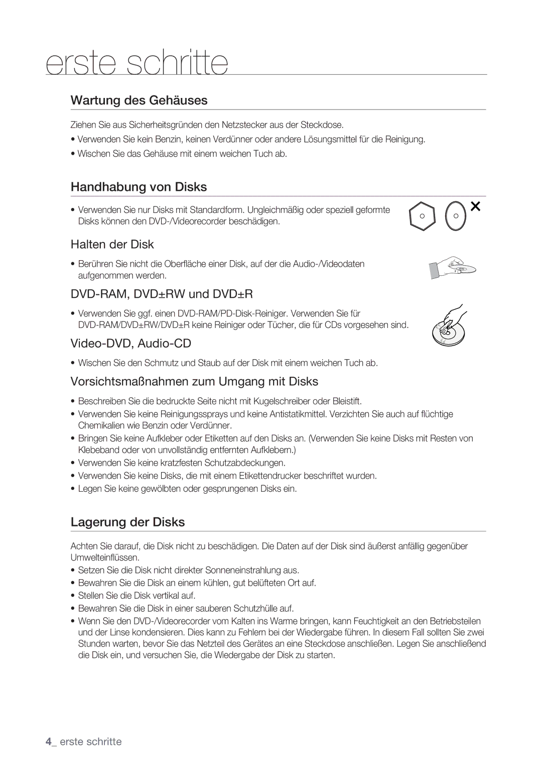 Samsung DVD-VR370/XEG, DVD-VR370/XEN manual Wartung des Gehäuses, Handhabung von Disks, Lagerung der Disks 