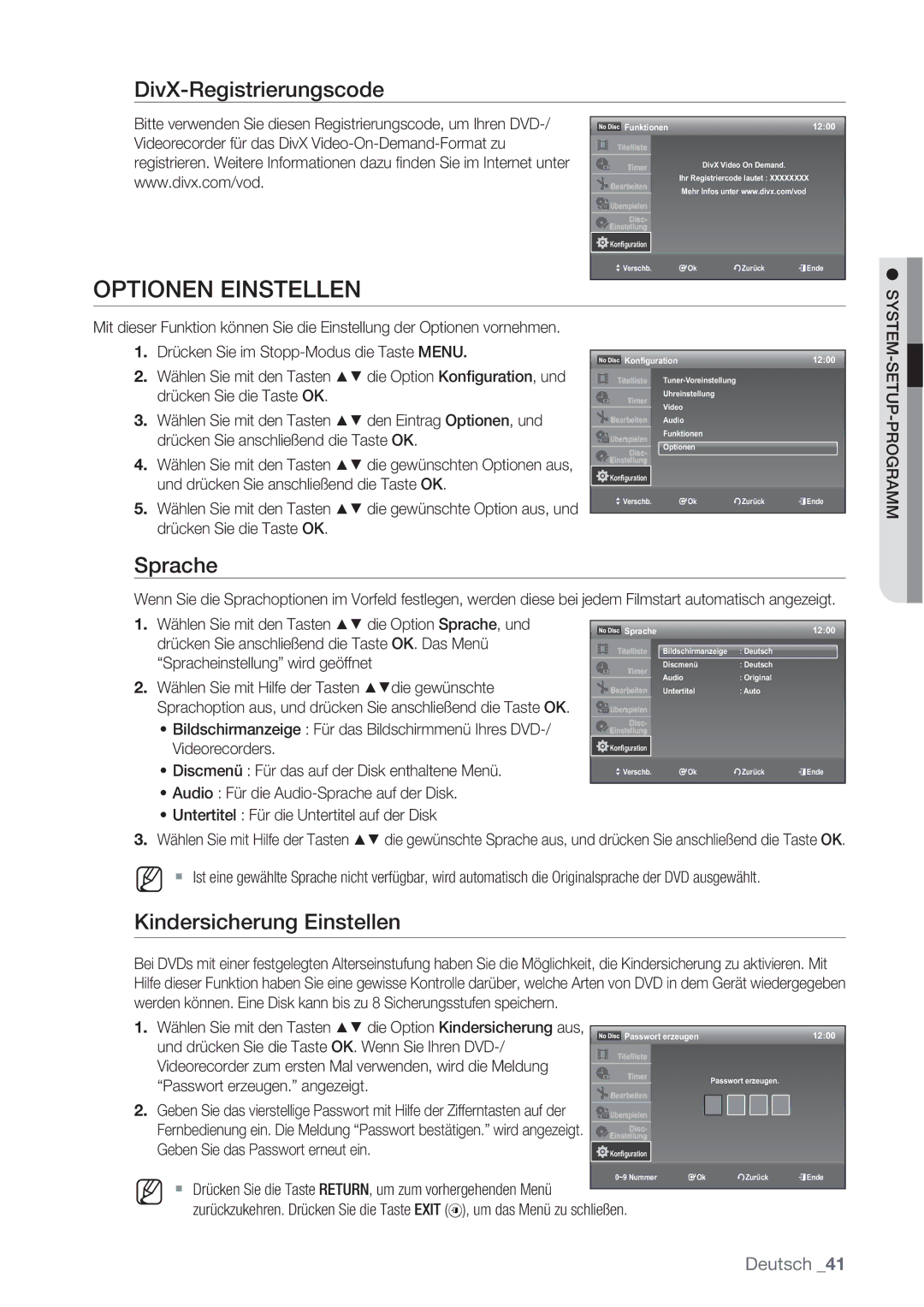 Samsung DVD-VR370/XEN, DVD-VR370/XEG Optionen Einstellen, DivX-Registrierungscode, Sprache, Kindersicherung Einstellen 